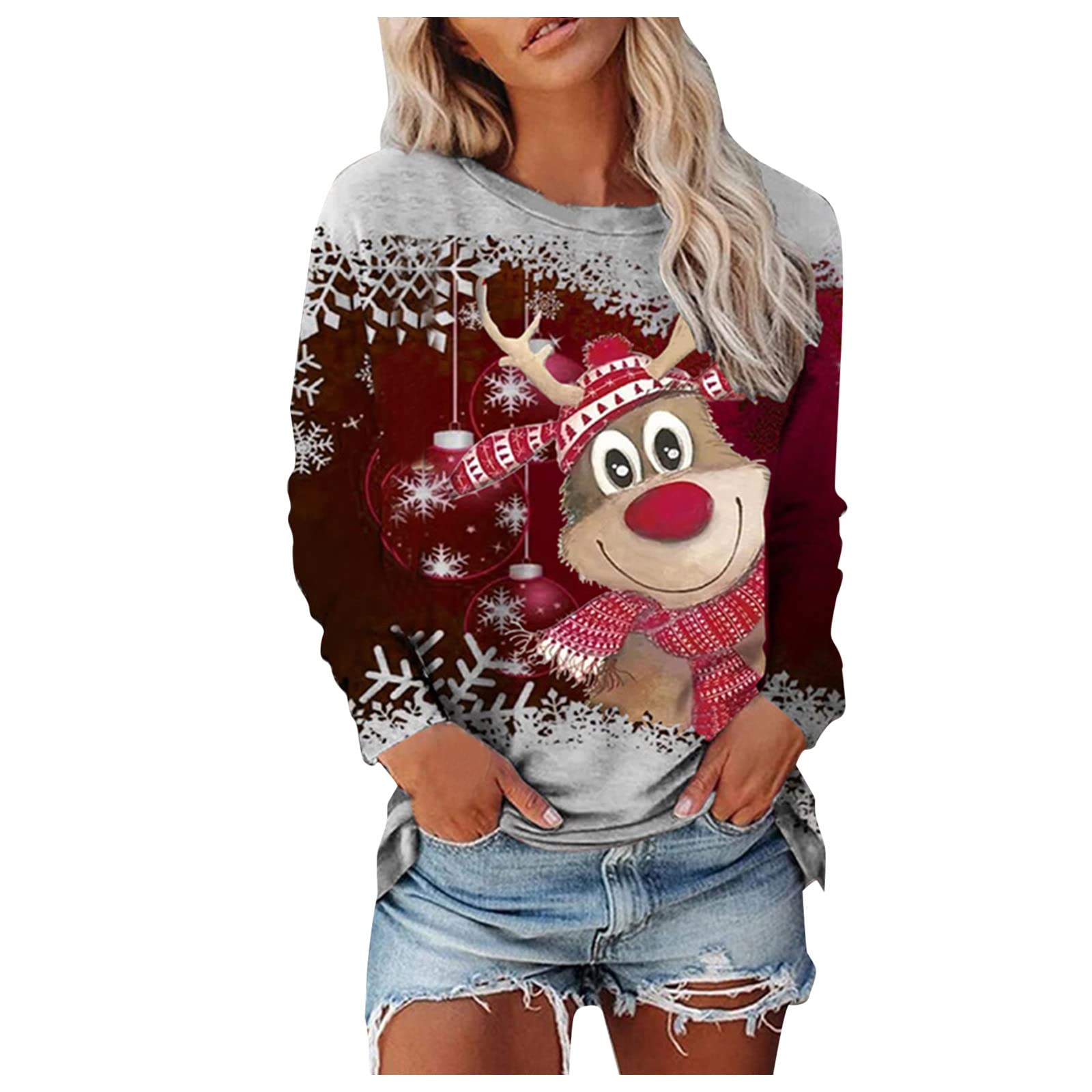 Women's Long Sleeve Linen Pullover Sweater - Christmas Casual Blouse Top for Holiday Parties & Winter Outfits