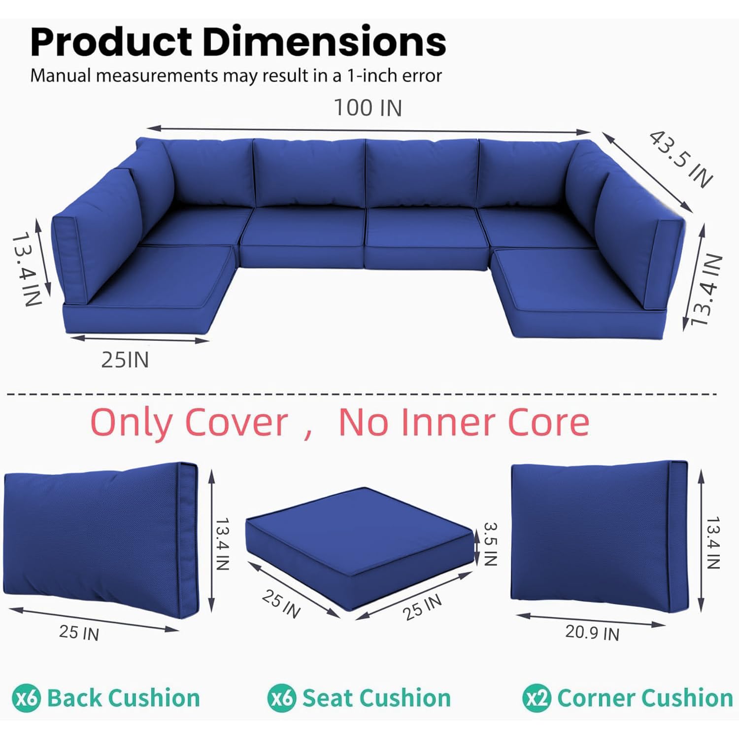 PROHIKER 14-Pack Outdoor Cushion Covers with Zipper - Navy Blue Replacement Covers for 7-Piece Patio Furniture Set | Waterproof & UV Resistant Sofa & Pillow Covers for Backyard, Deck, Poolside & Garden Use