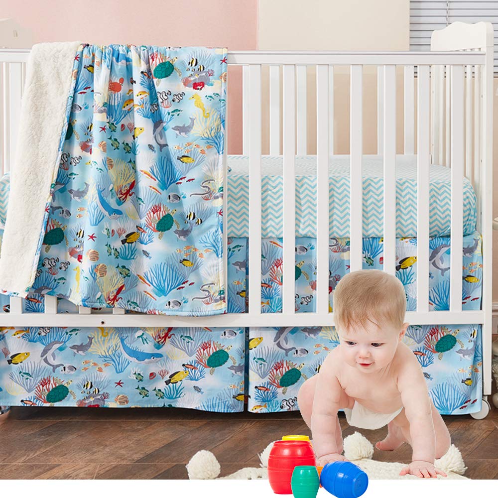 Brandream Ocean Themed Crib Bedding Set for Boys & Girls - 3 Piece Nautical Nursery Set with Whale & Shark Cartoon Design | Includes Crib Sheet, Blanket & Skirt | Perfect for Baby's Undersea Adventure Nursery Decor | Blue