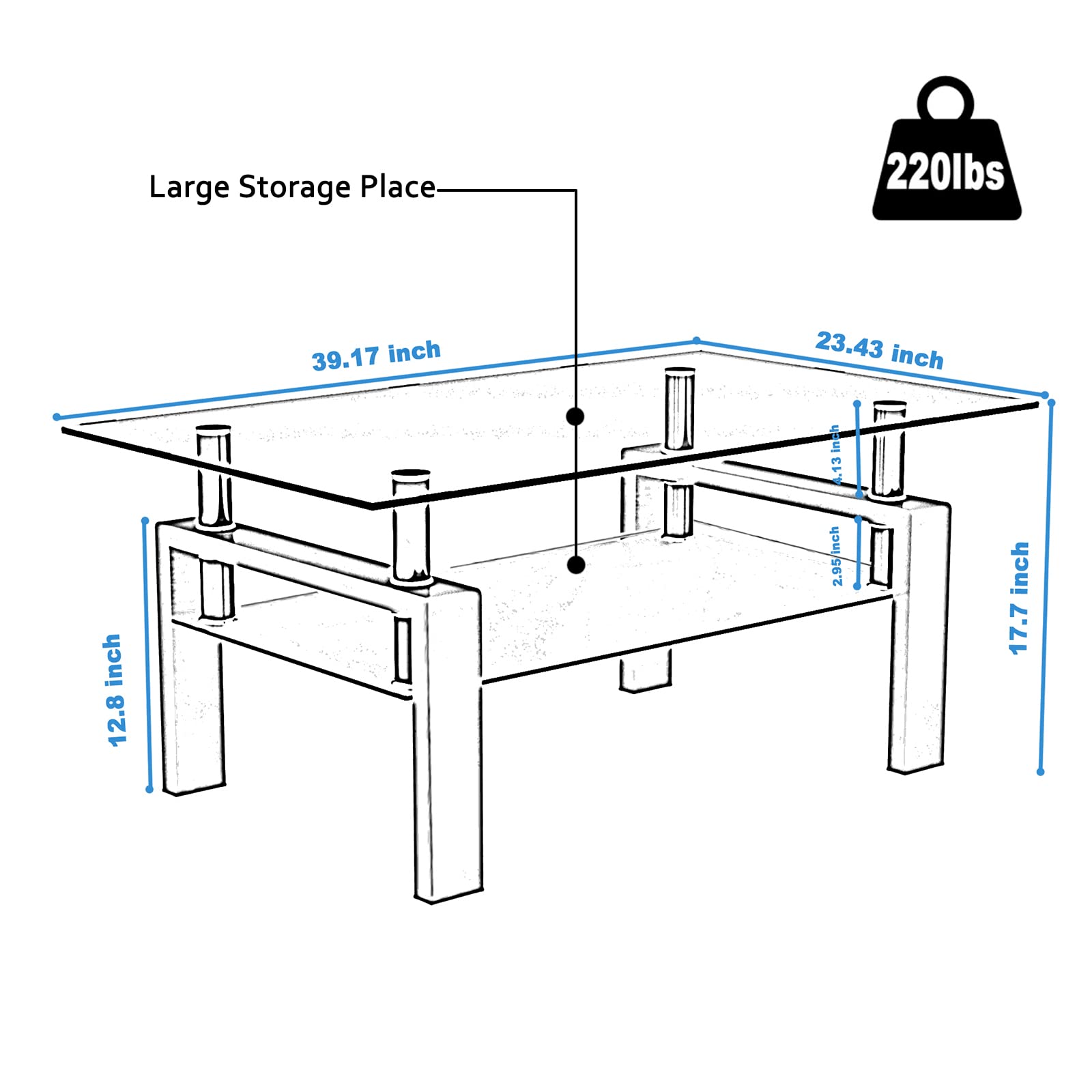 HomVent Clear Glass Coffee Table with Silver Metal Tub Legs - Modern Rectangle Center Tea Table for Living Room, Perfect for Small Spaces & Contemporary Home Decor