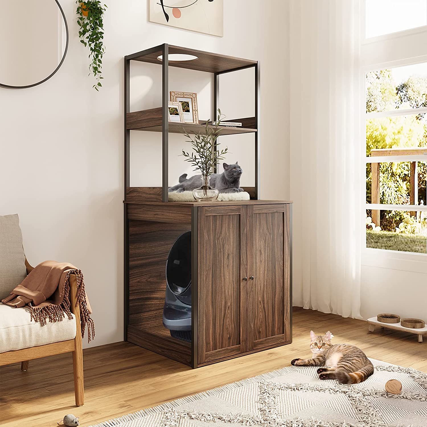 Large Wooden Cat Litter Box Enclosure - Stylish Furniture Cover for Self-Cleaning Litter Boxes - Perfect for Home, Apartment & Pet-Friendly Spaces