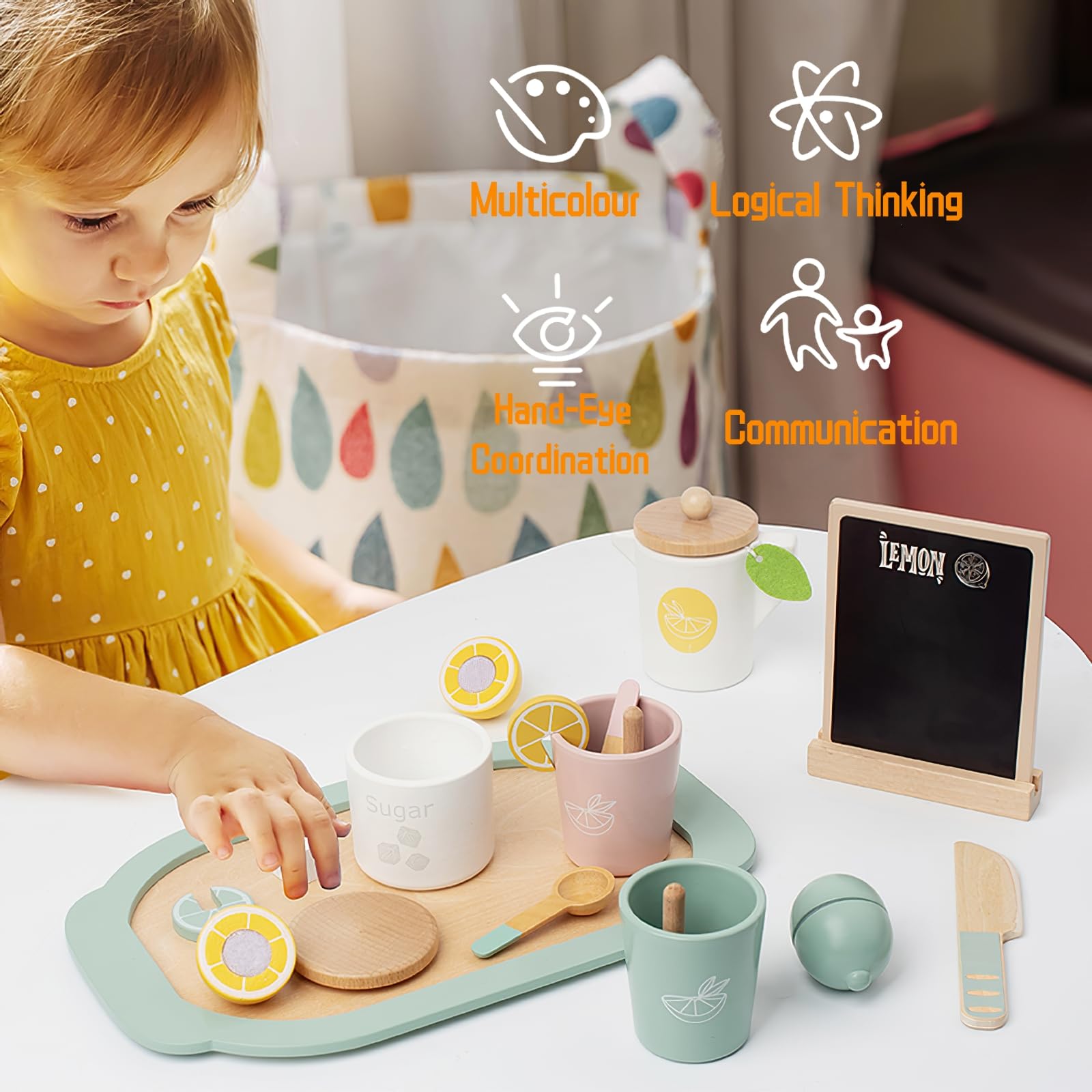 Wooden Tea Party Set for Kids - Pretend Play Toy Tea Set for Toddlers & Little Girls, Wooden Play Food & Kitchen Accessories (Lemon Tea) - Perfect for Birthday Gifts, Pretend Playtime & Early Learning Activities