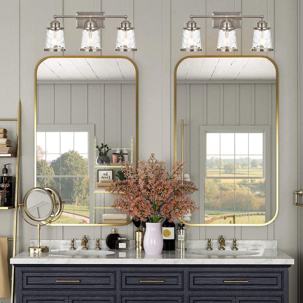 Modern 3-Light Bathroom Vanity Lighting Fixture with Hammered Glass Shades - Brushed Nickel Wall Sconce for Bedroom, Kitchen & Bathroom Mirror - Perfect for Makeup, Shaving & Task Lighting