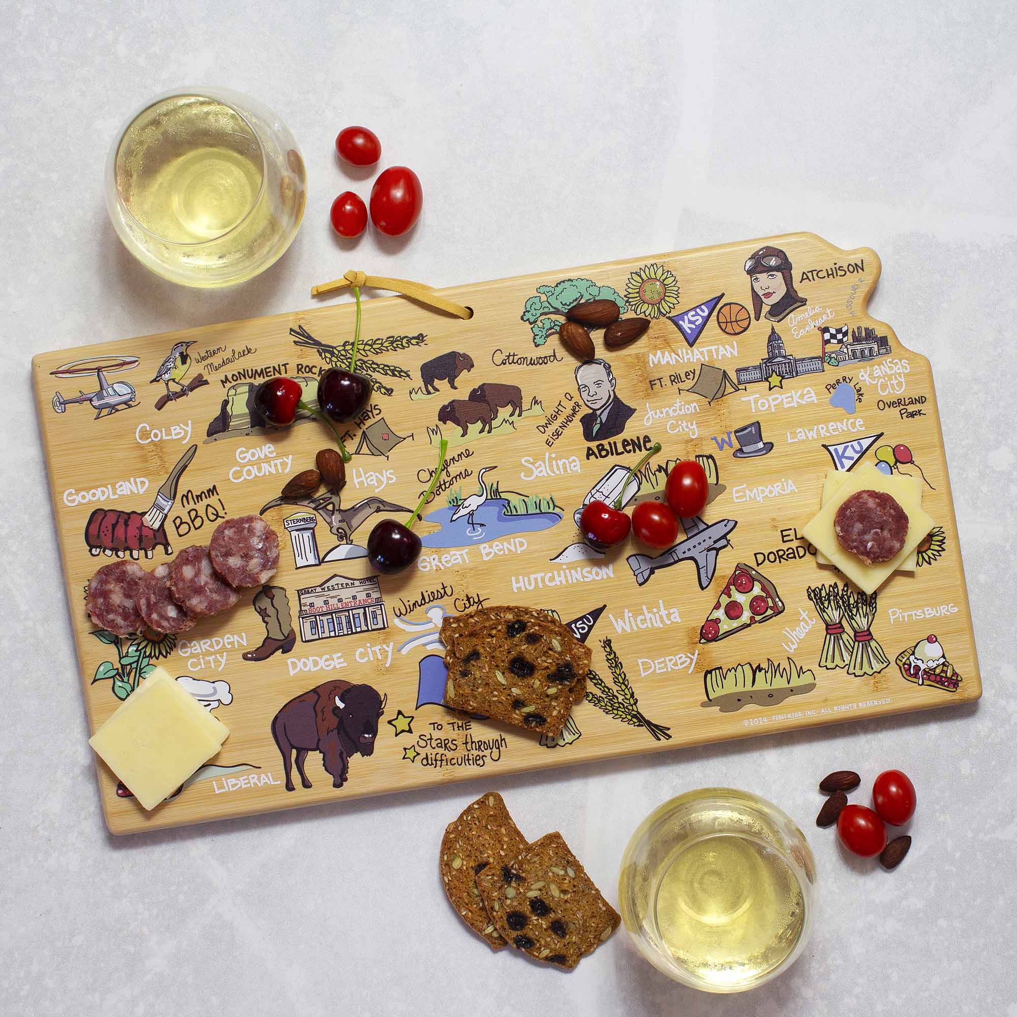 Premium Kansas-Themed Wooden Cutting Board with Fish Kiss™ Artwork - Durable Kitchen Essential for Chopping, Serving & Home Decor