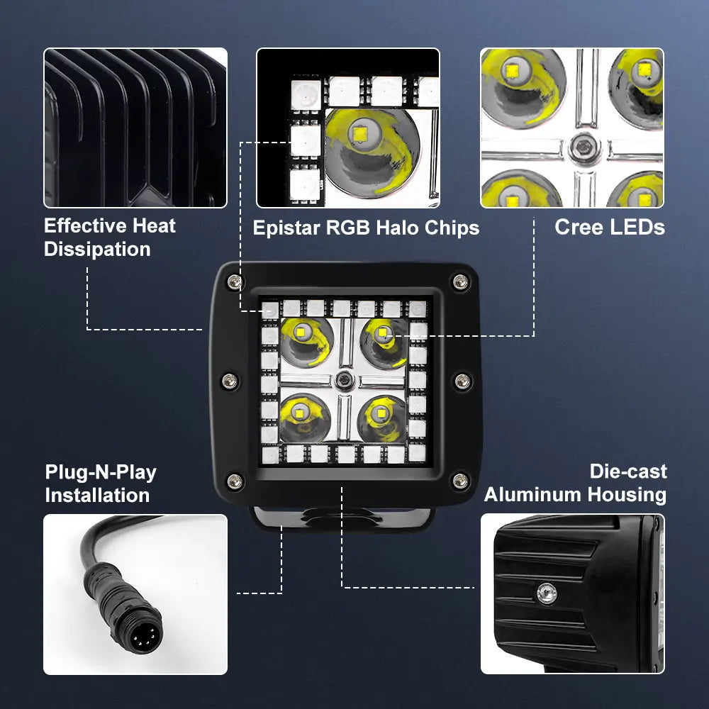 12W 3 RGB Chasing LED Light Pods for Off-Road Vehicles - 4 Pack | Waterproof ATV/UTV Lighting for Night Driving, Camping & Outdoor Adventures