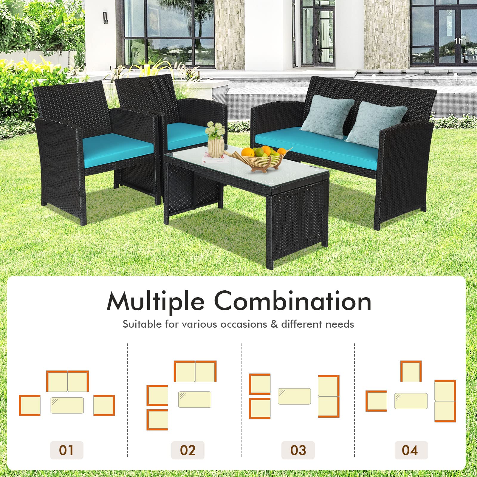 Goplus 4-Piece Rattan Patio Furniture Set - Outdoor Wicker Sofa & Coffee Table with Soft Cushions & Tempered Glass - Turquoise Conversation Set for Balcony, Garden, Backyard, Poolside & Outdoor Entertaining