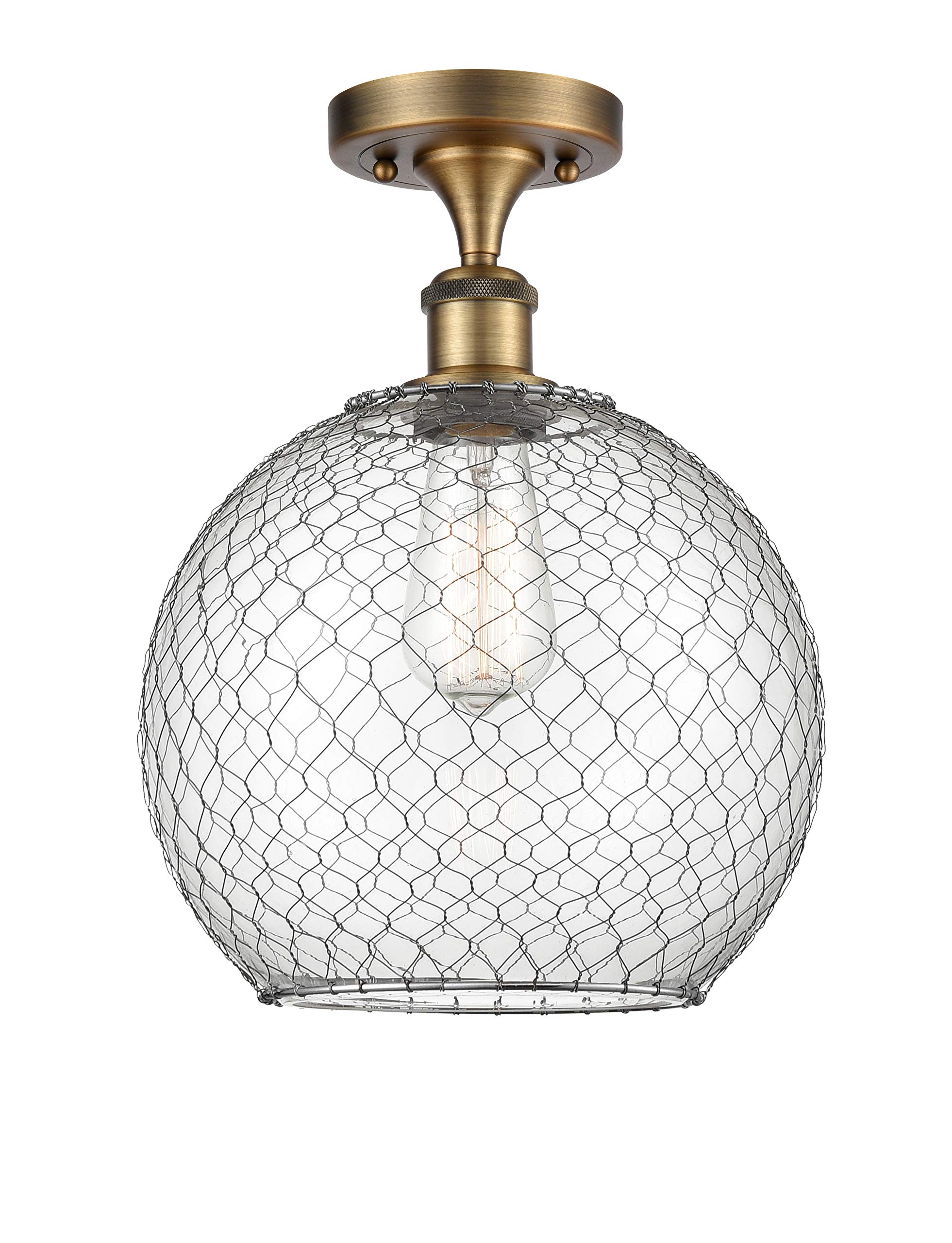 Ballston Collection Brushed Brass Farmhouse Chicken Wire Semi-Flush Mount Light Fixture - Large 1-Light LED Ceiling Light for Kitchen, Dining Room & Country Style Home Decor