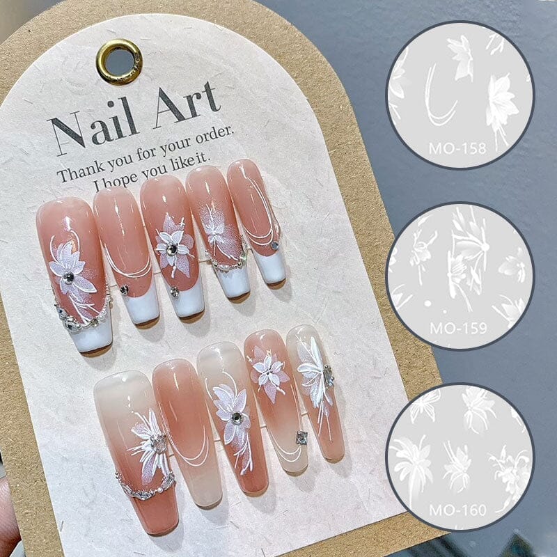3D White Floral Nail Stickers - Elegant Hand-Painted Nail Art Decals for Women | Perfect for Weddings, Parties & Special Occasions