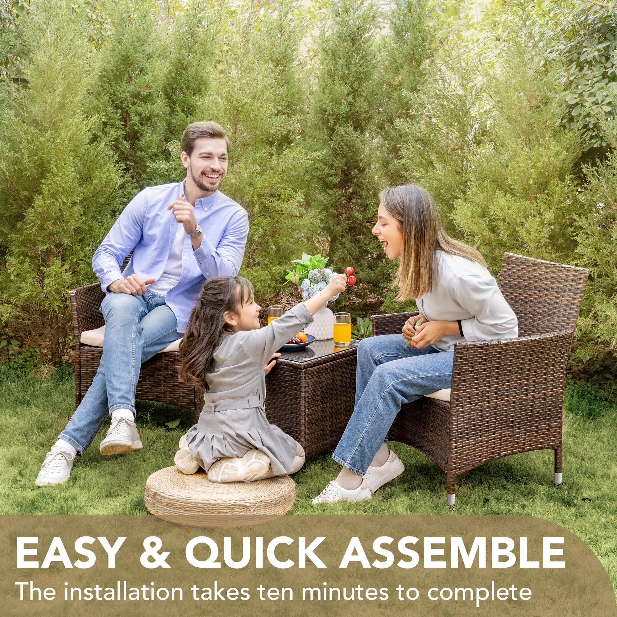 Devoko 3-Piece PE Rattan Wicker Patio Furniture Set with Table - Outdoor Garden Porch Chairs in Brown/Beige - Perfect for Backyard, Poolside & Terrace Relaxation