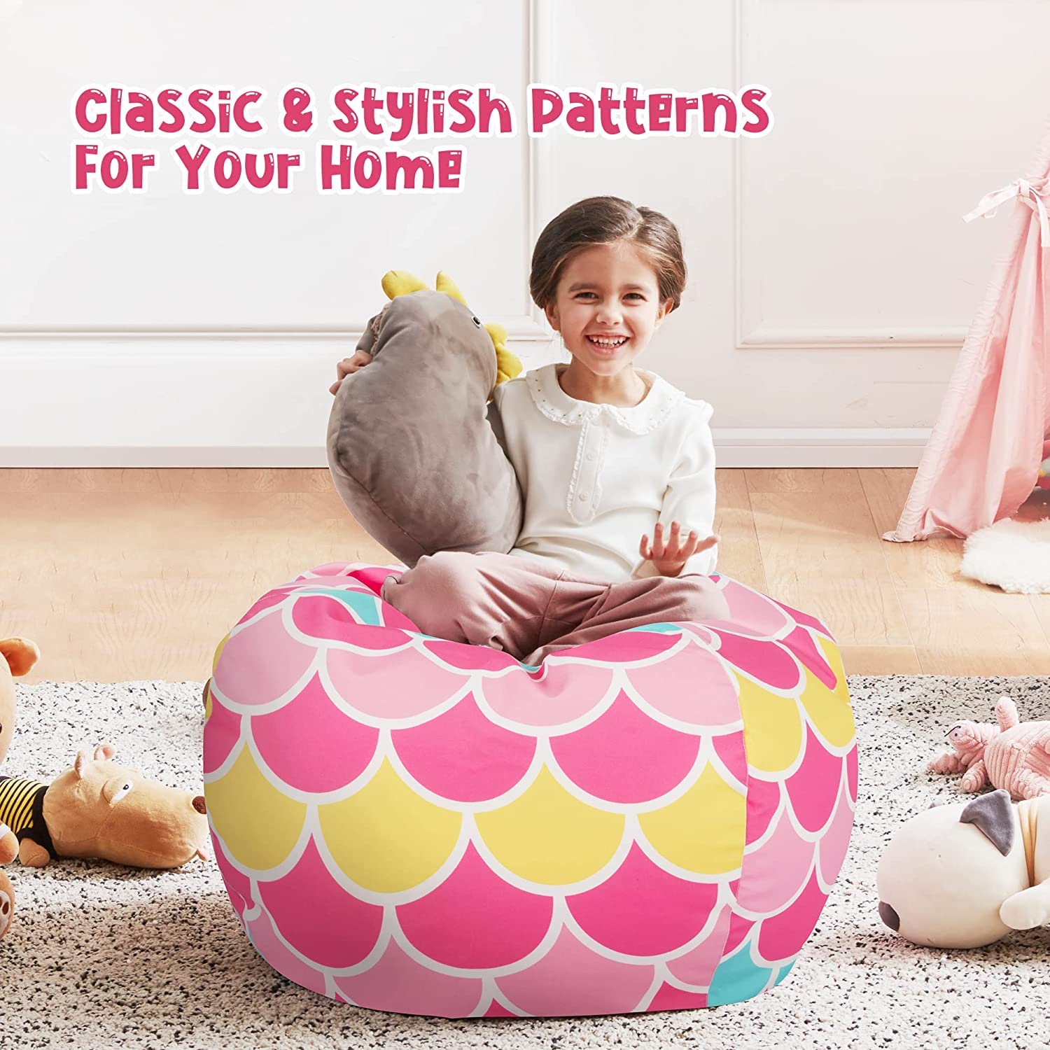 Nobildonna Stuffed Animal Storage Bean Bag Chair Cover - Large Kids Bean Bag Chair Without Filling for Girls & Toddlers, Plush Toy Organizer for Nursery, Playroom & Bedroom Decor