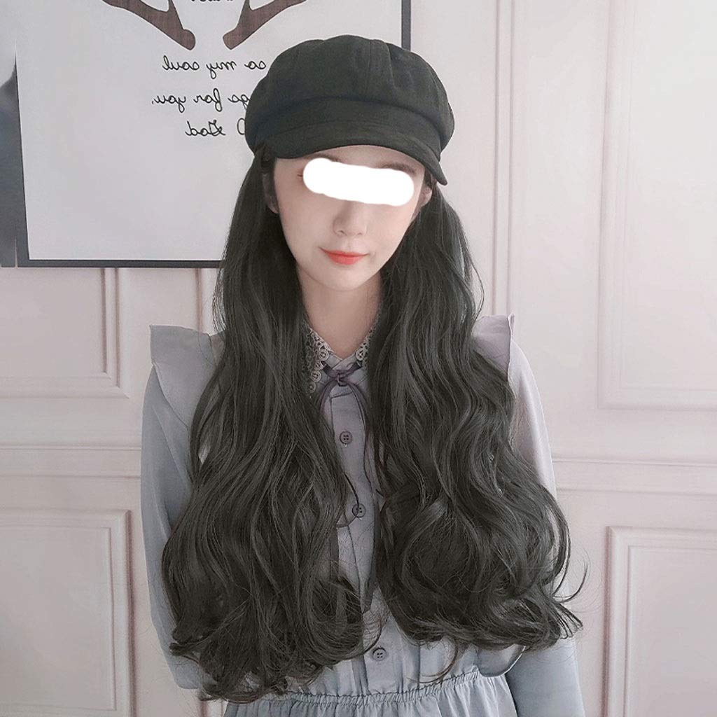 GANFANREN Women's Long Wavy Wig with Navy Hat - Brown Black Ombre Synthetic Hair for Fall Winter Fashion | Perfect for Cosplay, Halloween, Parties & Daily Styling