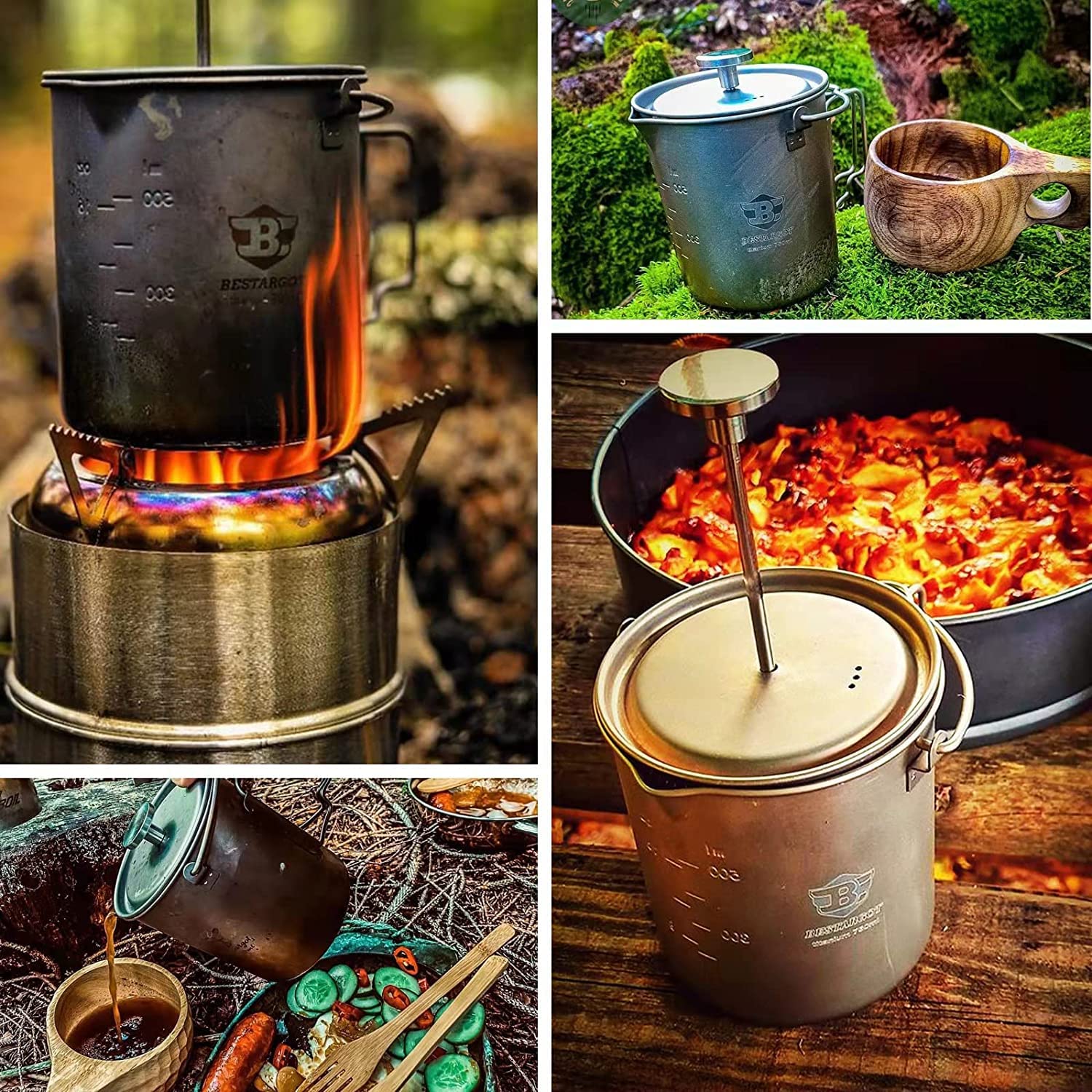 Bestargot Titanium Pot 750ml - Ultralight Portable French Press Coffee Maker & Camping Cookware | Survival Gear for Backpacking, Hiking & Outdoor Adventures | Compatible with Camp Stoves & Backpacking Burners | Perfect for Camping, Travel & Emergency Preparedness