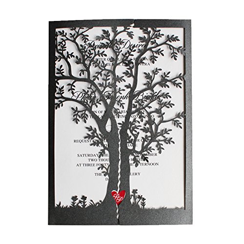 Elegant Black Wedding Invitation Cards with Tree & Red Heart Design - Set of 30 - Perfect for Formal Weddings, Anniversaries & Special Events