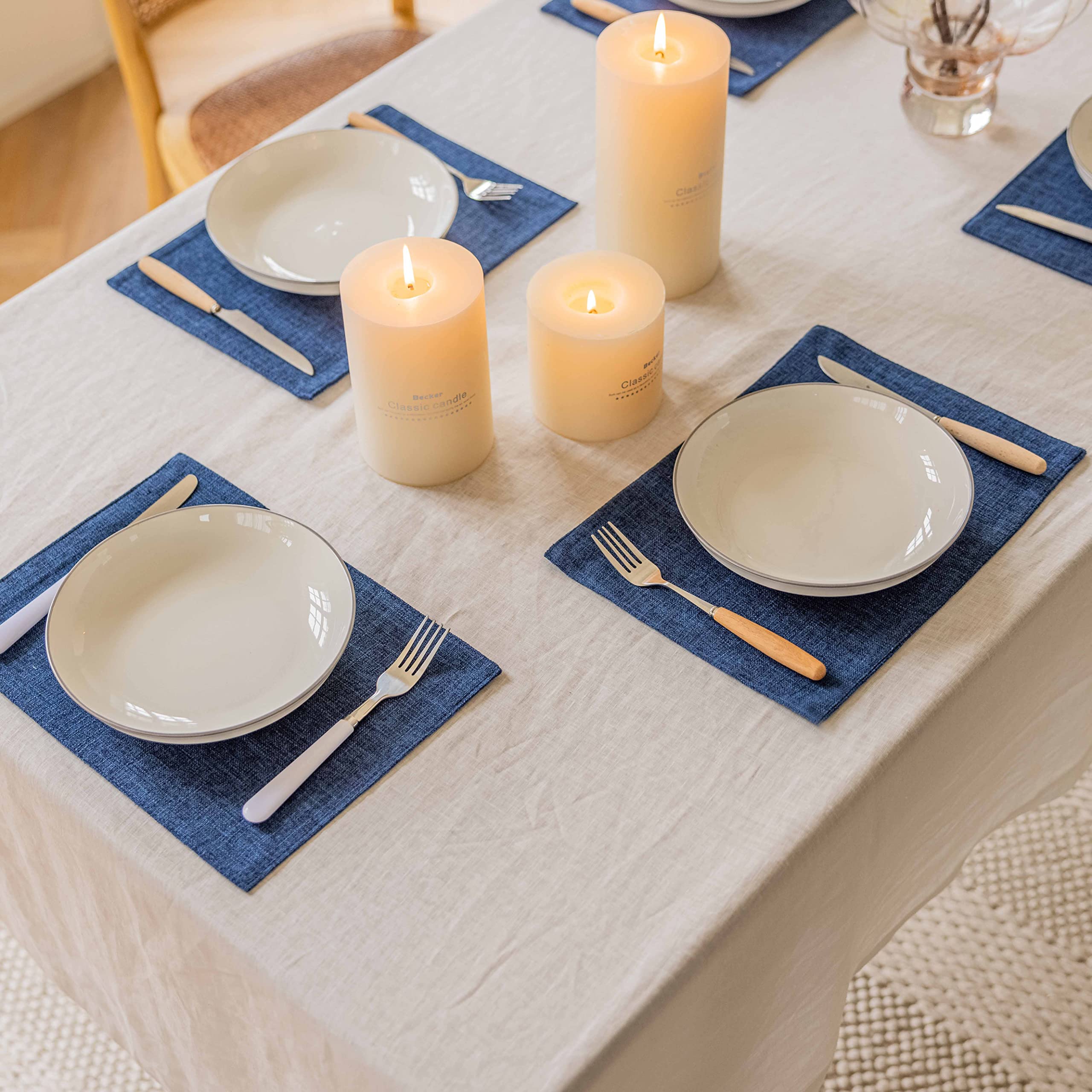 Premium Linen Placemats Set of 6 - Heat Resistant Blue Table Mats for Dining & Kitchen - Stylish Indigo Home Decor for Everyday Meals & Dinner Parties