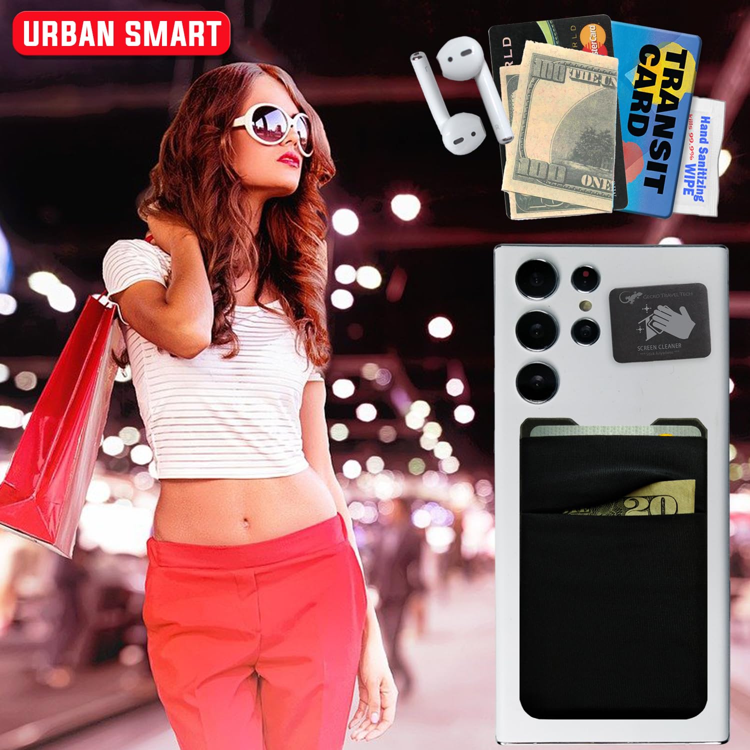 Stick-On Phone Wallet with Double Pocket - Adhesive Card Holder for Credit Cards & Cash - Gecko Spandex Cell Phone Pouch (Black) - Perfect for Gym, Running & Everyday Use