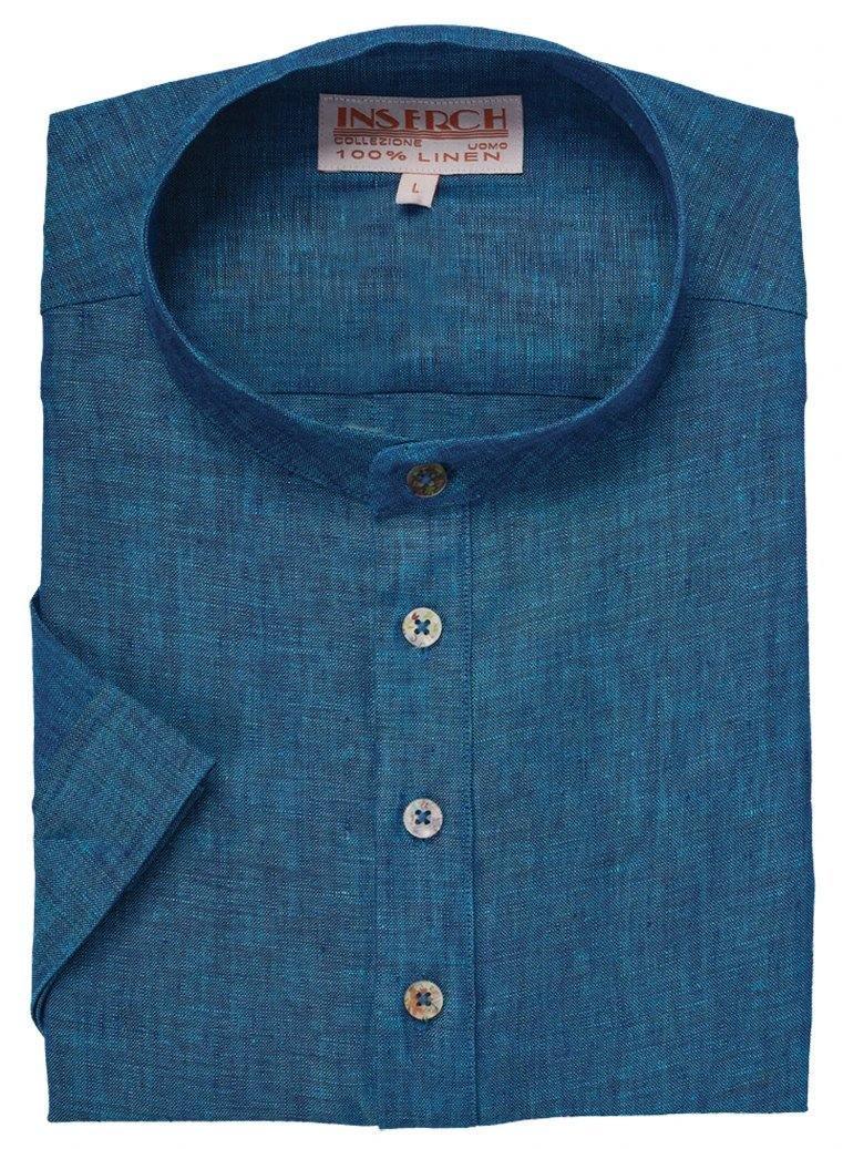 Men's Deep Sea Blue Linen Banded Collar Pop Over Shirt by Inserch - Casual Summer Beach Wear & Outdoor Travel Shirt