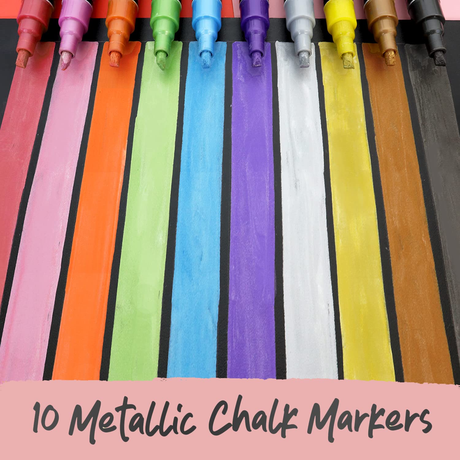 Metallic Chalk Markers 10 Pack - Liquid Chalk Pens for Blackboard, Chalkboard, Bistro Menu, Window Writing - Wet Wipe Erasable - 6mm Reversible Bullet & Chisel Tip - Perfect for Restaurants, Cafes, Classrooms & DIY Crafts