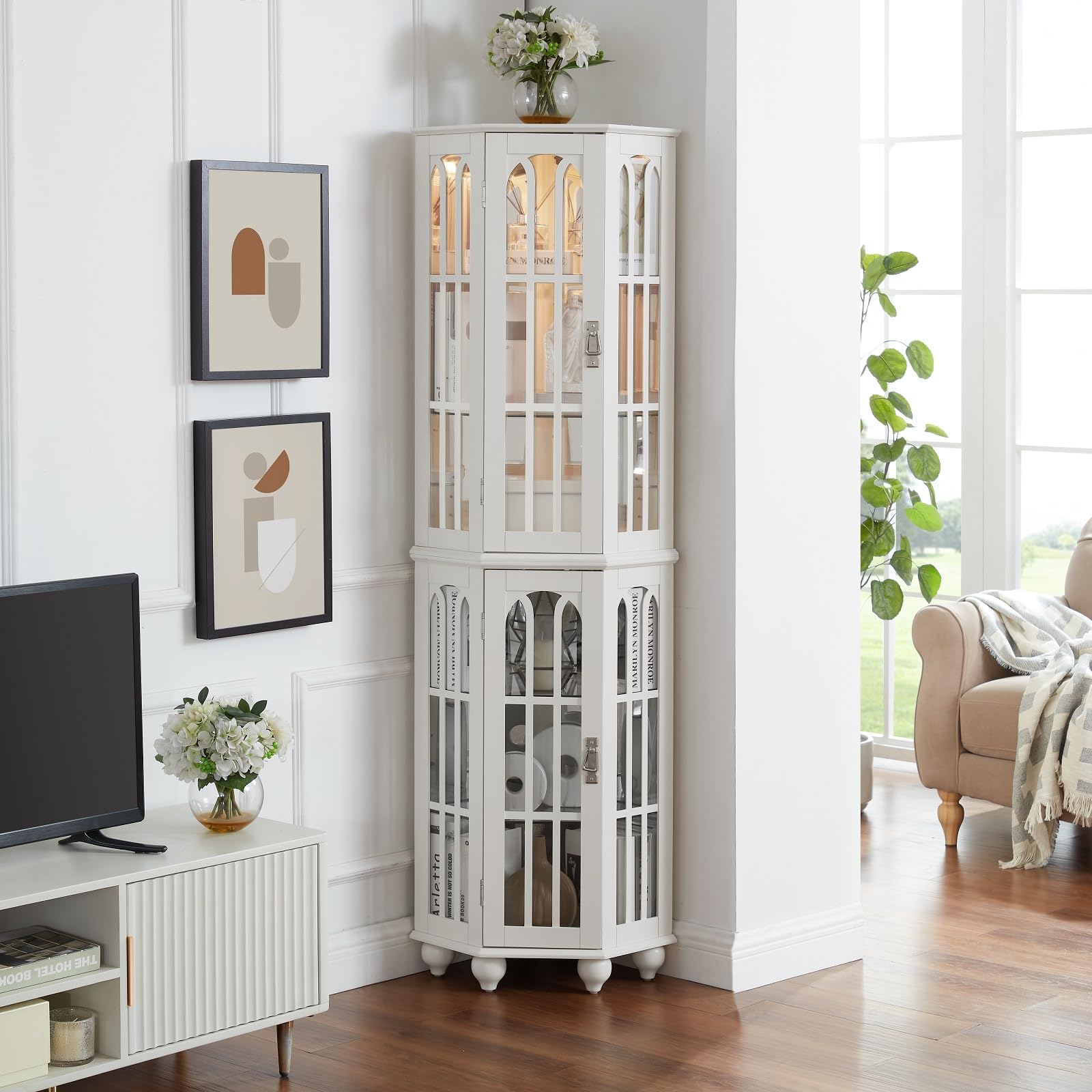 White Corner Curio Cabinet with 4 Adjustable Tempered Glass Shelves & LED Lighting - 3-Side Glass Display Cabinet with Acrylic Mirrored Back Panel - Perfect for Living Room, Dining Room, or Office Décor