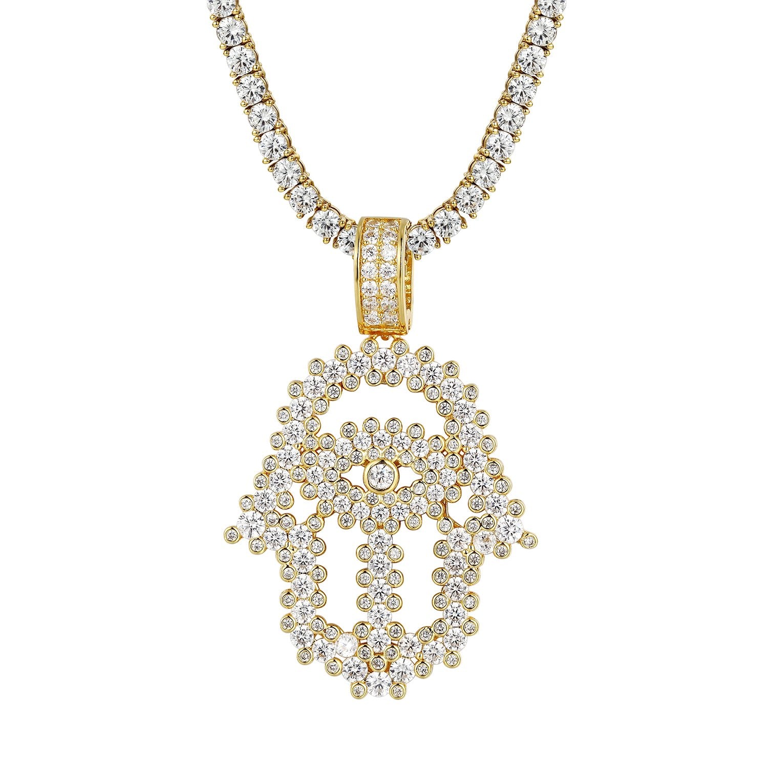 Solitaire Open Hamsa Hand Silver Bling Pendant Necklace - Elegant Spiritual Jewelry for Women, Perfect for Everyday Wear, Gift Giving & Protection