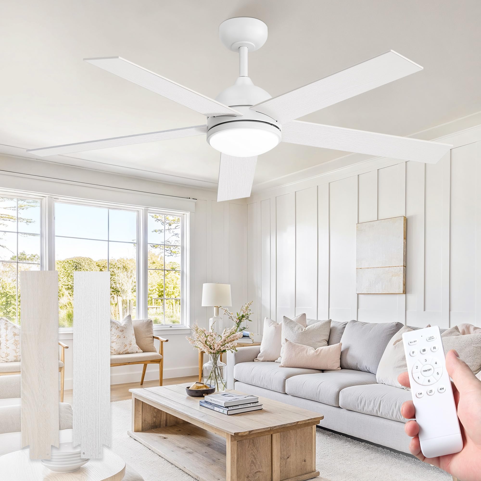 52 Inch White Ceiling Fan with Light & Remote - Modern LED High CFM Ceiling Fan Lighting Fixture for Bedroom, Kitchen, Living Room - Quiet Cooling for Home & Office Indoor Use