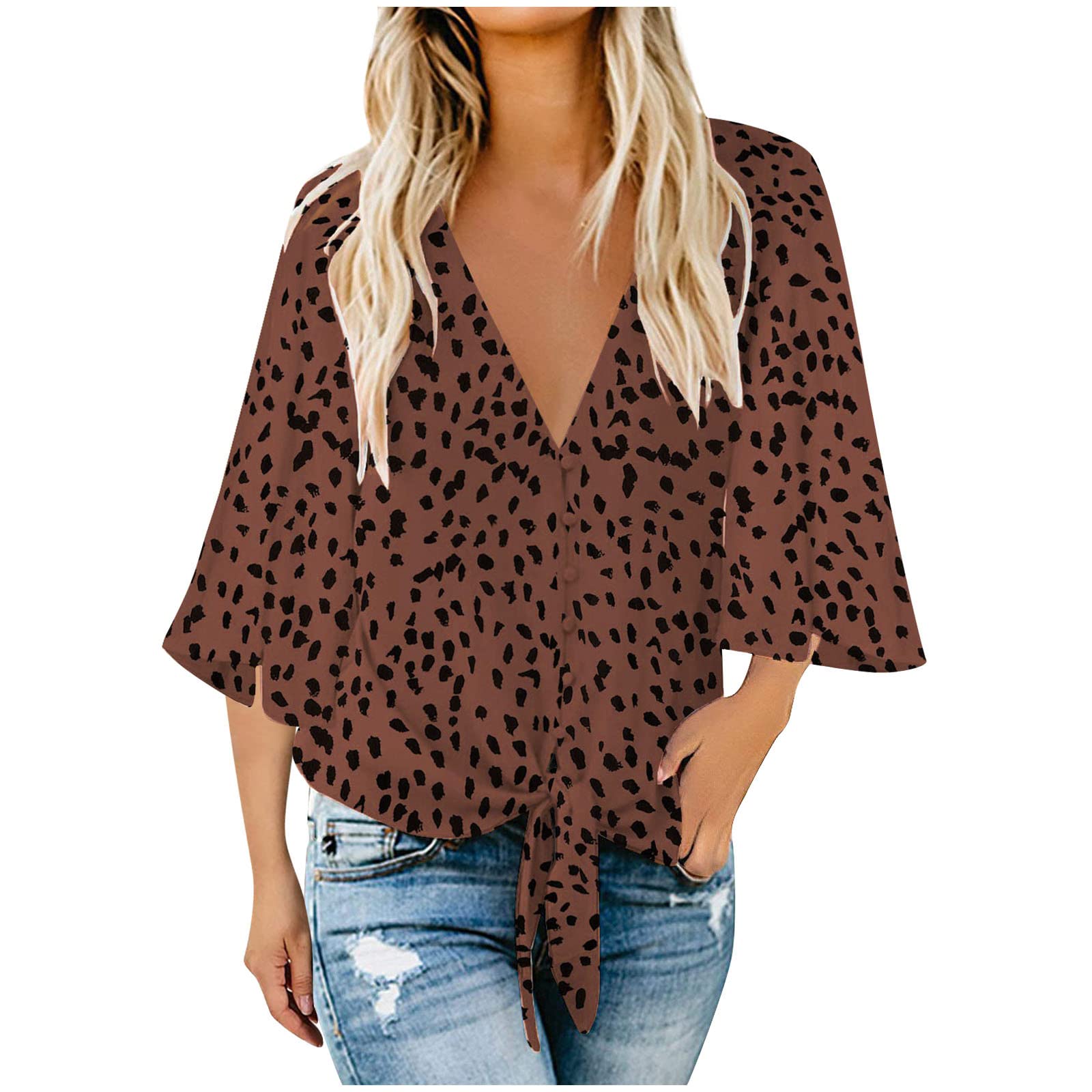 Maqroz Women's 3/4 Bell Sleeve Blouse - Deep V Neck Tie Knot Sexy Top with Polka Dot Print | Plus Size Casual Button Down Shirt for Work, Date Night & Summer Outfits