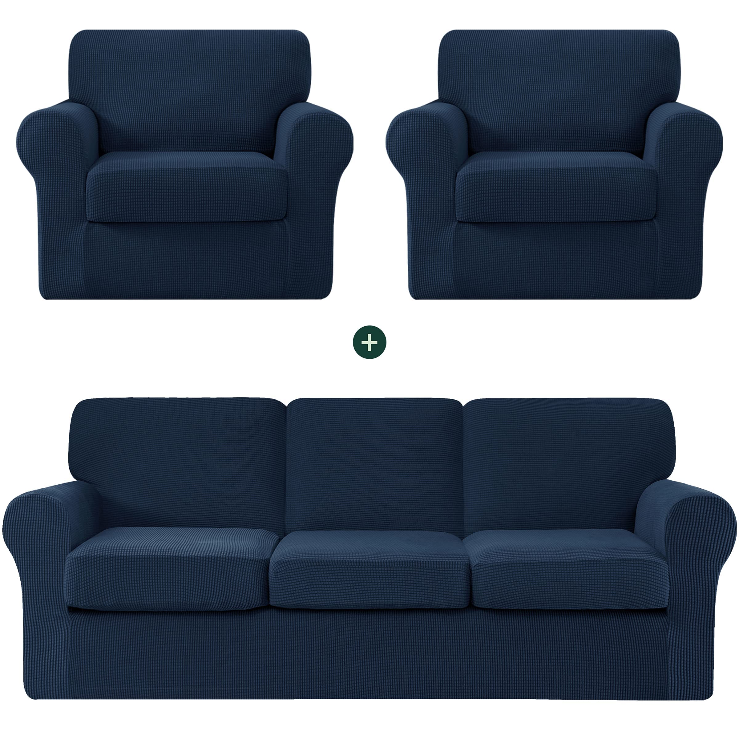 CHUN YI 2-Piece Armchair Sofa Slipcover Set - Stretchable Jacquard Fabric Couch Cover with Detachable Backrest & Cushion Covers - Dark Blue Checkered Pattern | Perfect for Living Room Furniture Protection & Home Decor Upgrade