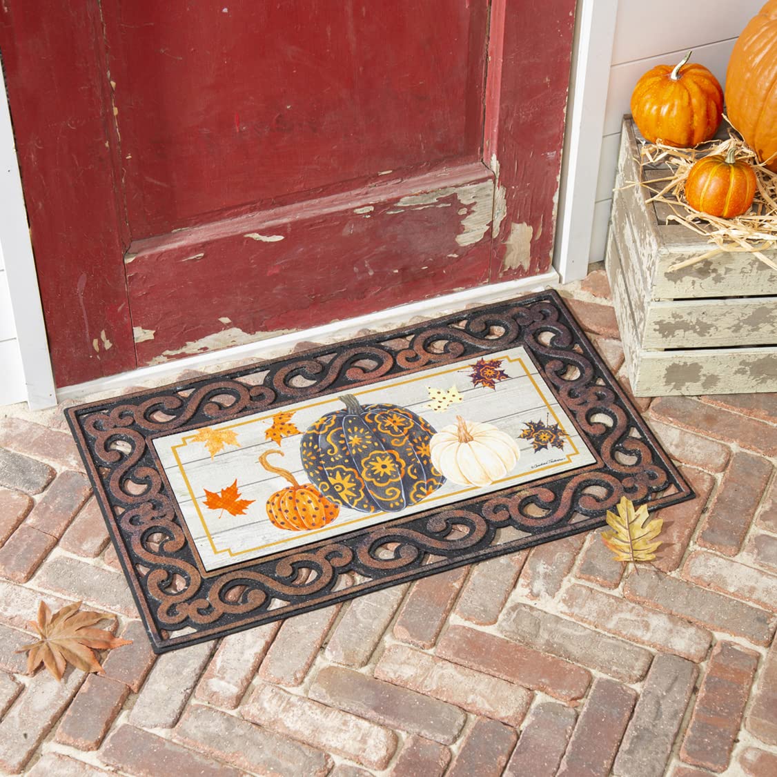 Evergreen Patterned Pumpkins and Leaves Sassafras Switch Mat - Fall Home Decor for Kitchen, Entryway, and Thanksgiving Table Setting