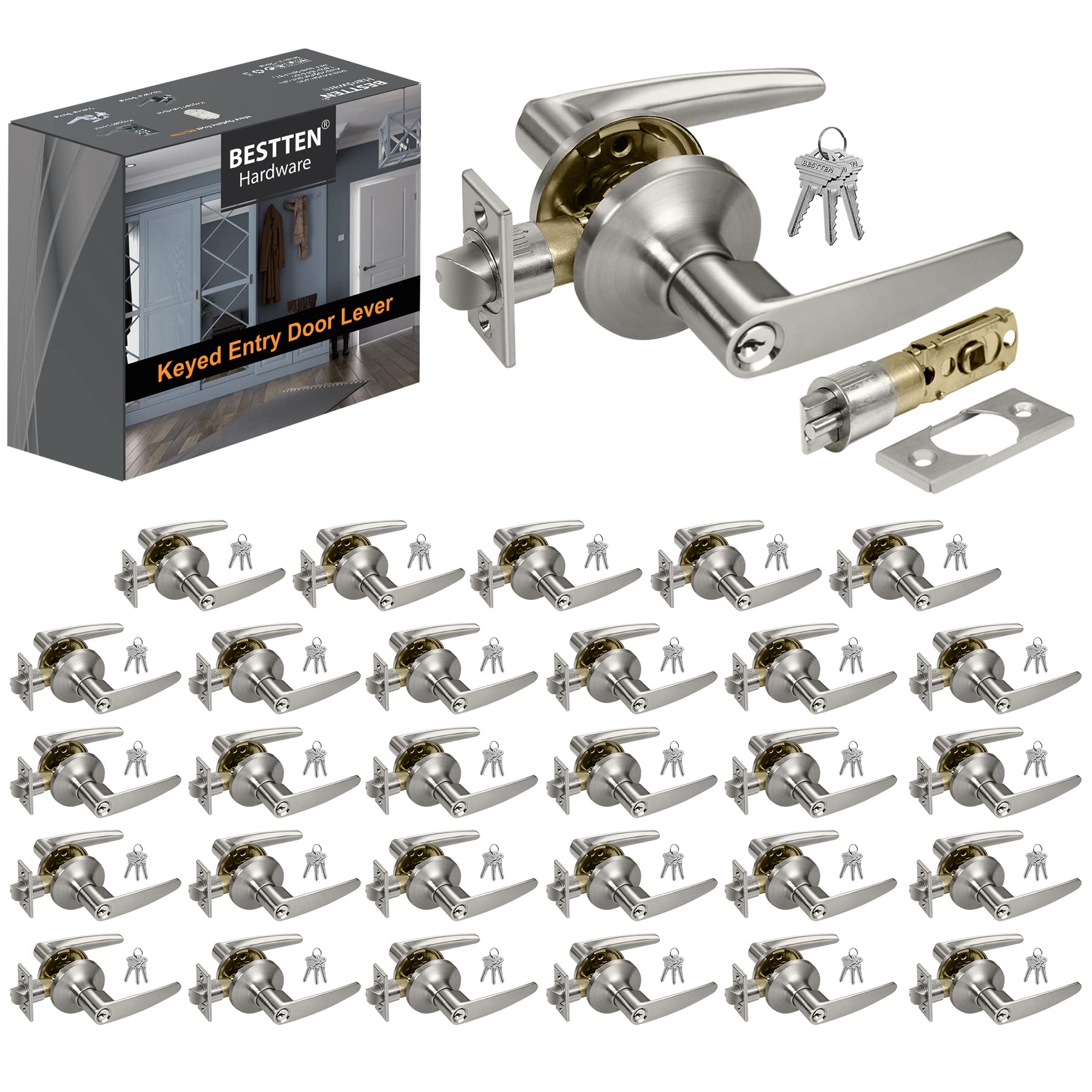 BESTTEN Roma Door Lever Lock - 30 Pack, All Metal Exterior Handle, Satin Nickel for Home Security