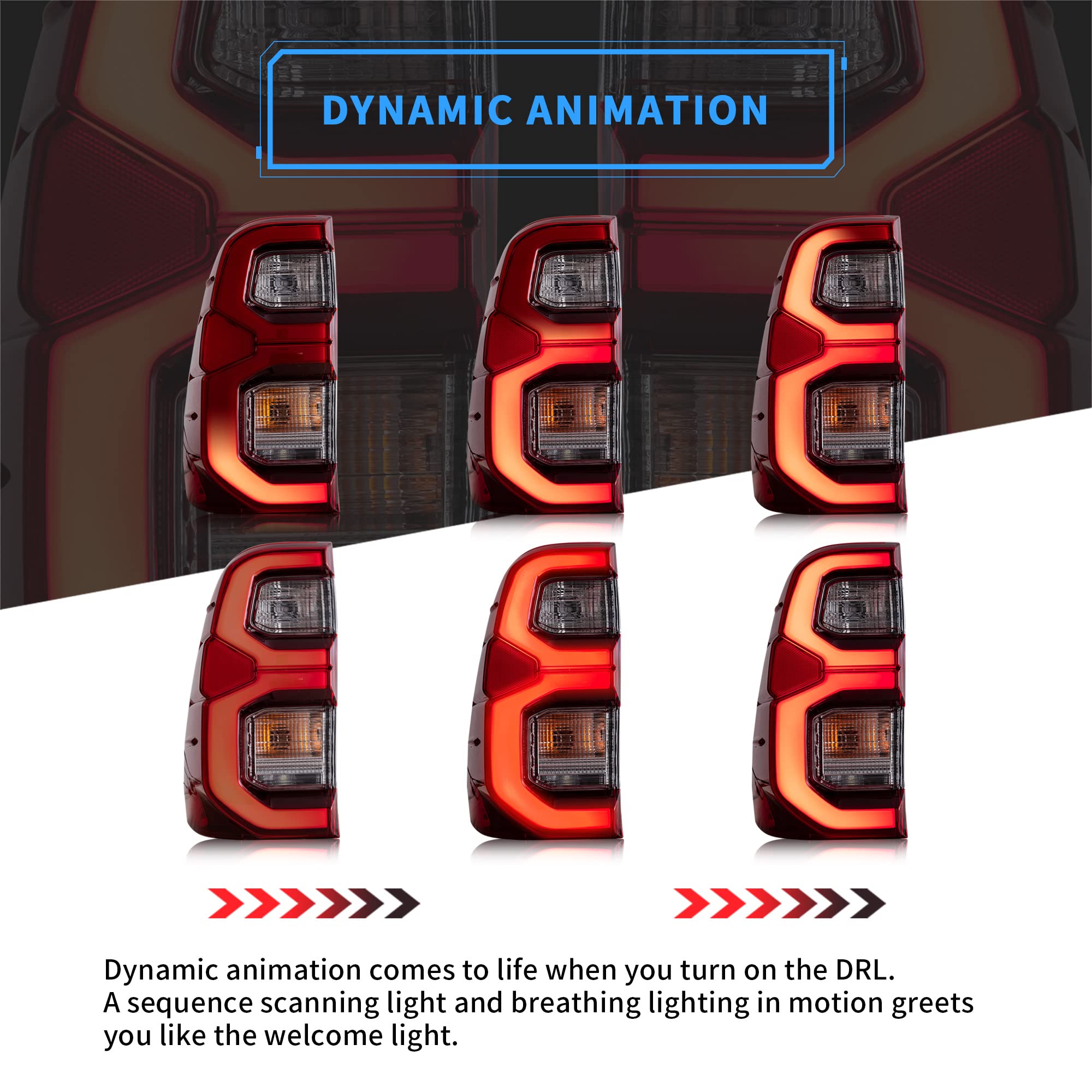VLAND LED Tail Lights for Toyota Hilux 2015-2020 Revo Pickup Truck - Dynamic Animation Running Lights, Red Rear Lamp Assembly (Passenger & Driver Sides, LHD) - Perfect for Night Driving & Custom Car Upgrades