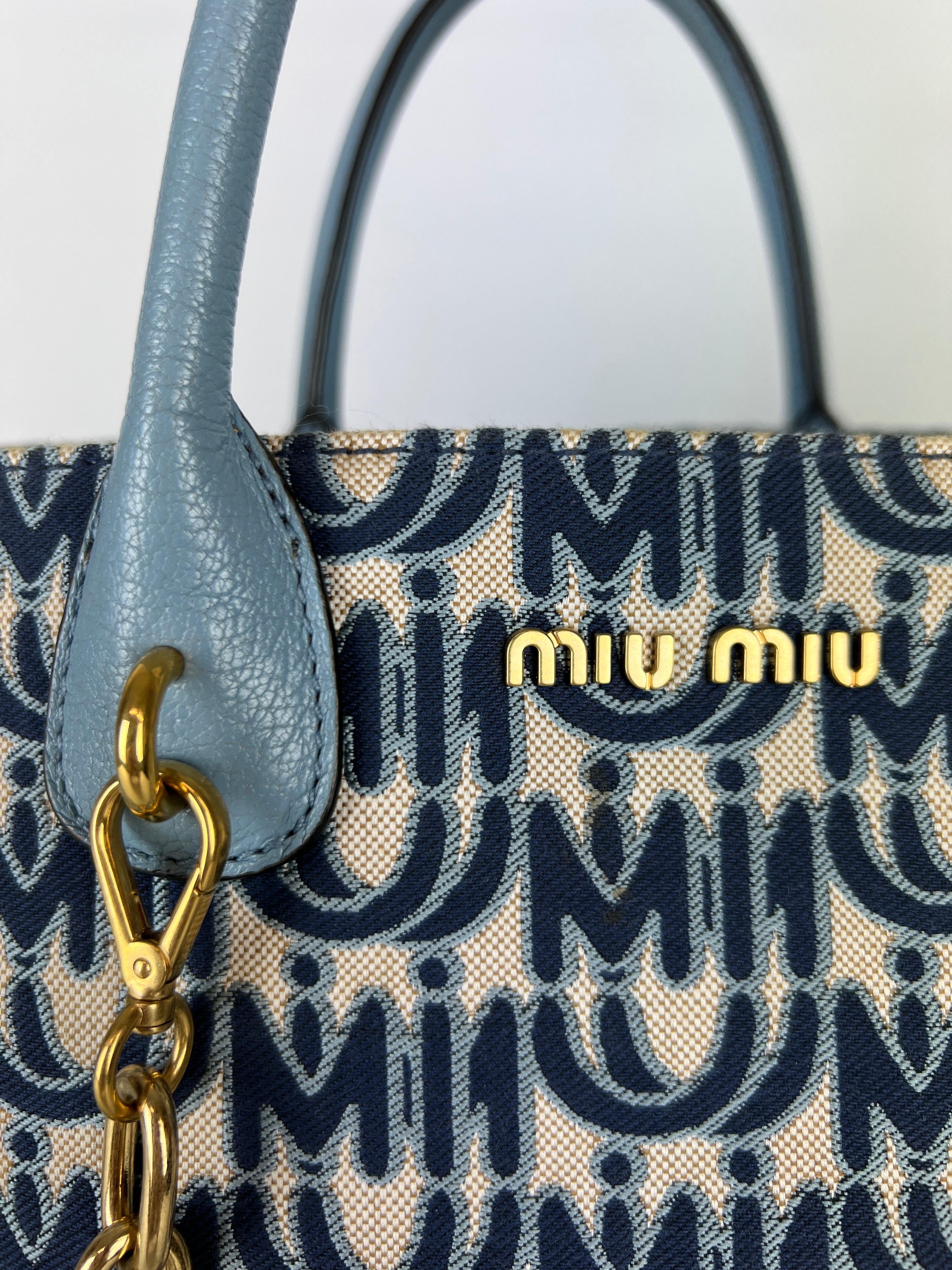 Miu Miu Blue Canvas Tote Bag - Stylish & Spacious Designer Handbag for Women | Perfect for Work, Travel & Everyday Use