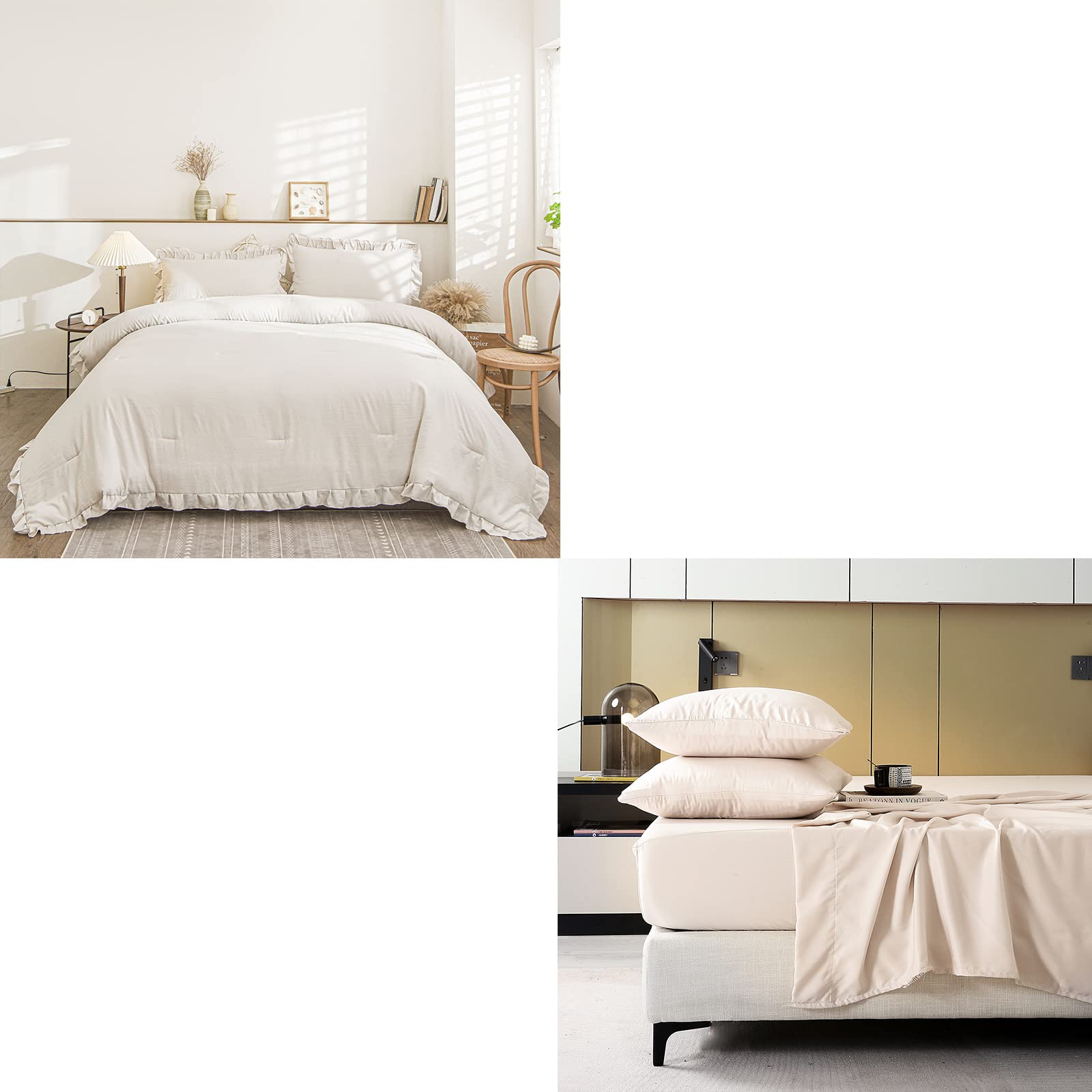 Beige & Grey Ruffled Comforter Set with Modal Sateen Sheets - Bed in a Bag Bundle for Queen/King Size Beds | Soft Luxury Bedding for Cozy Bedrooms & Guest Rooms