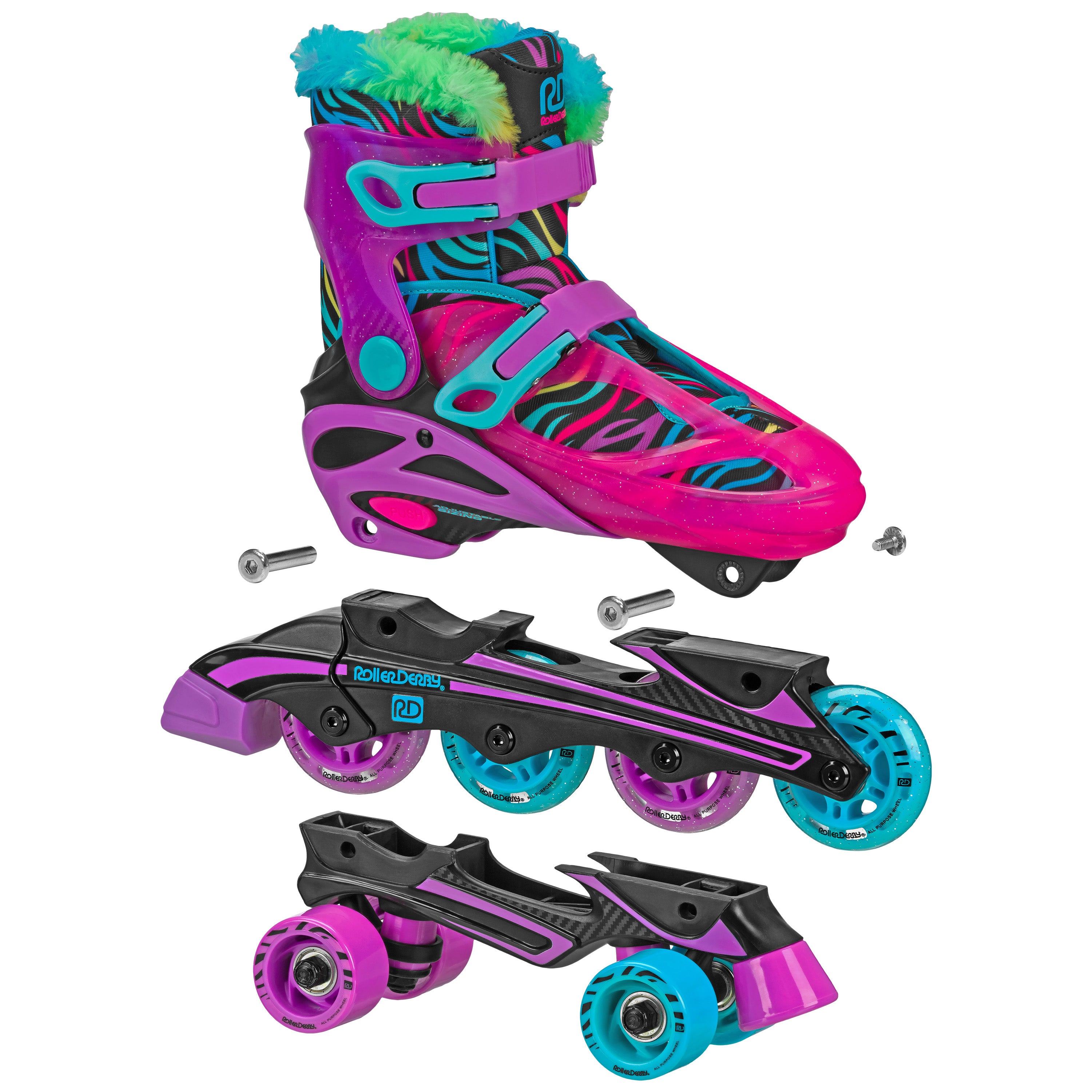Roller Derby Adjustable 2-in-1 Quad & Inline Skates for Girls - Perfect for Indoor Rinks, Outdoor Parks & Roller Skating Parties