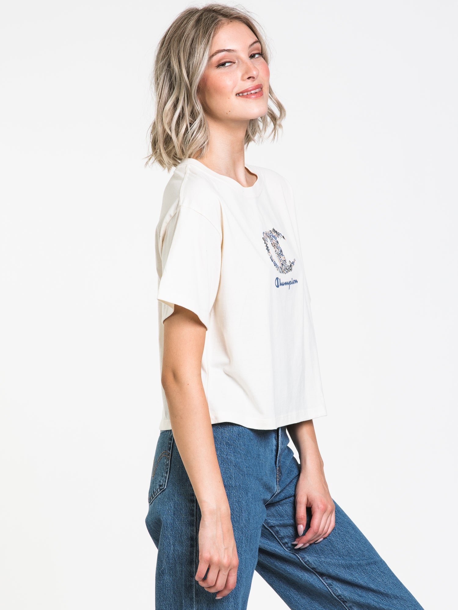 Champion Crop Script Blocked Tee - Women's Short Sleeve Casual T-Shirt | Soft Cotton Blend | Trendy Streetwear | Perfect for Gym, Running & Everyday Wear