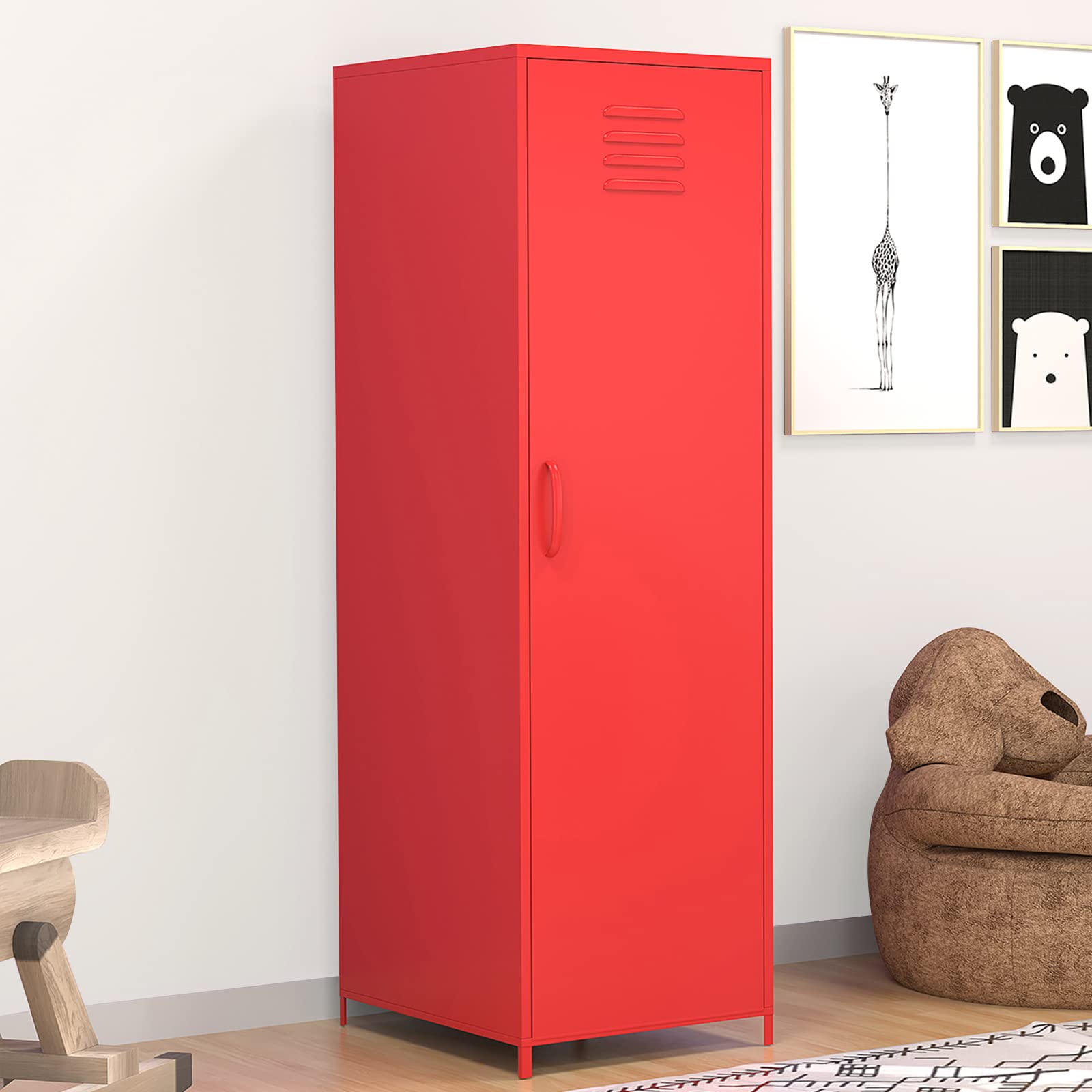 Steel Locker Cabinet - Single Door Metal Storage Locker with Hanging Rod & Shelves for Bedroom, School, Classroom | Organize Toys, Clothes & Essentials in Style (Red)
