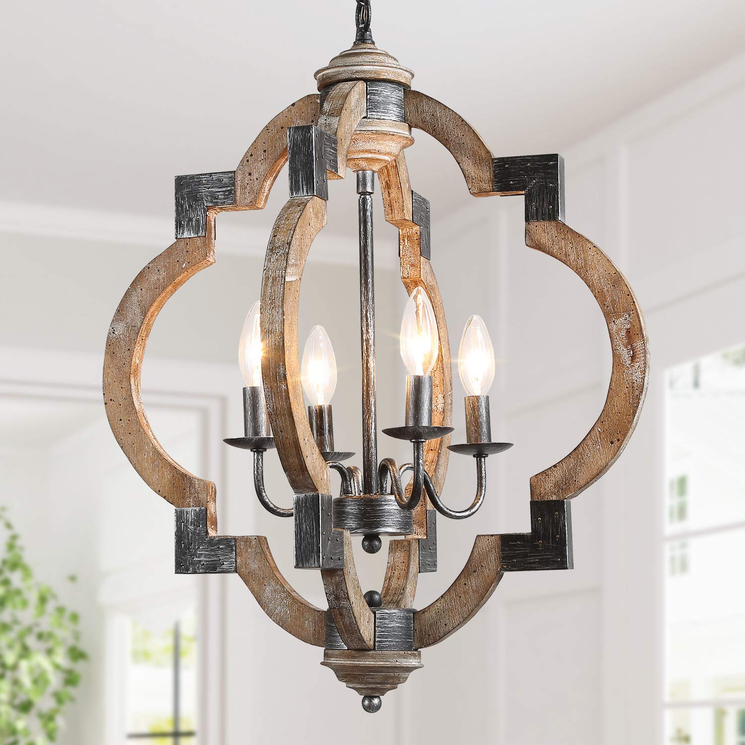 KSANA Rustic Chandelier - Farmhouse Pendant Light with Distressed Wood Finish & Oil Rubbed Bronze - Perfect for Kitchen Island, Dining Room, Bedroom or Entryway Lighting | Vintage Home Decor for Cozy Ambiance