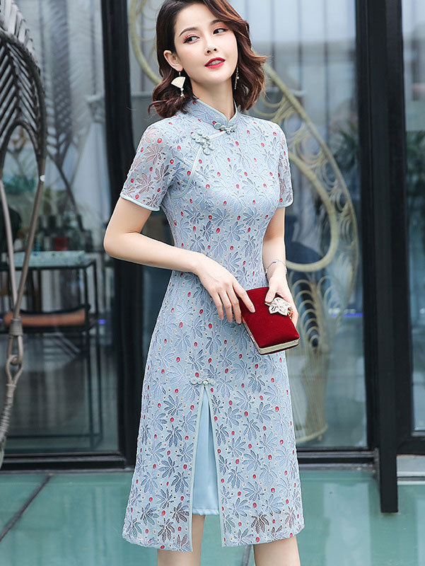 Elegant Floral Lace A-Line Midi Cheongsam Dress | Vintage Chinese Qipao Style | Perfect for Weddings, Parties & Special Occasions