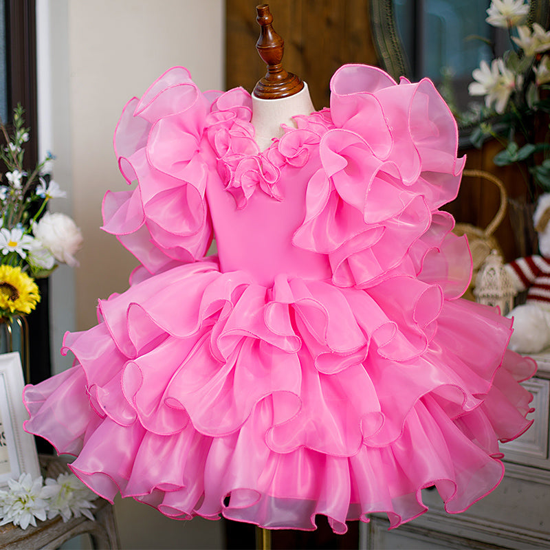 Elegant Pink Organza A-Line Flower Girl Dress with Bell Sleeves - Perfect for Weddings, Pageants & Special Occasions