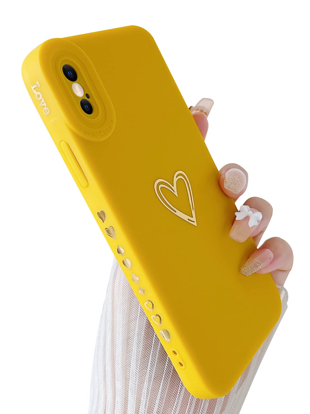 SmoBea iPhone X/Xs Case - Gold Heart Pattern Soft Liquid Silicone Shockproof Phone Cover for Women & Girls | Cute Slim Design with Plated Heart Accents | Perfect for Everyday Use, Gift Giving & Fashion Protection (Yellow)