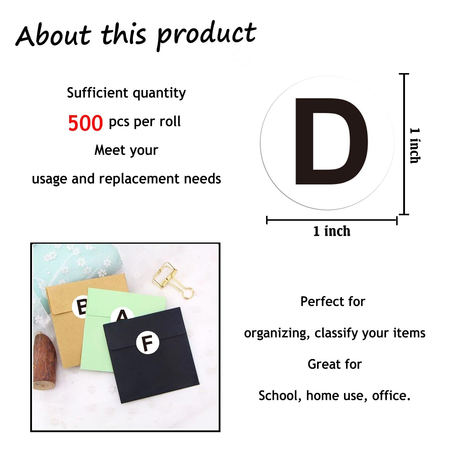D Letter Inventory Labels - 1 Inch Round Circle Dots Stickers, 500 Adhesive Capital Letter D Labels for Organizing, Storage & Office Supplies