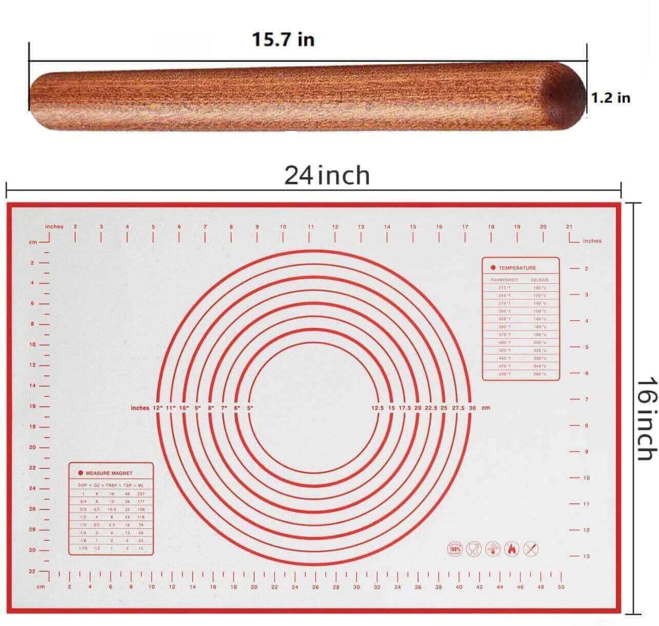 Wooden Rolling Pin & Non-Stick Silicone Baking Mat Set - Premium French Pastry Roller & Dough Mat for Bread, Cookies, Tortillas, Pasta, Pizza - Perfect for Home Baking, Kitchen Essentials & Holiday Cooking Gifts