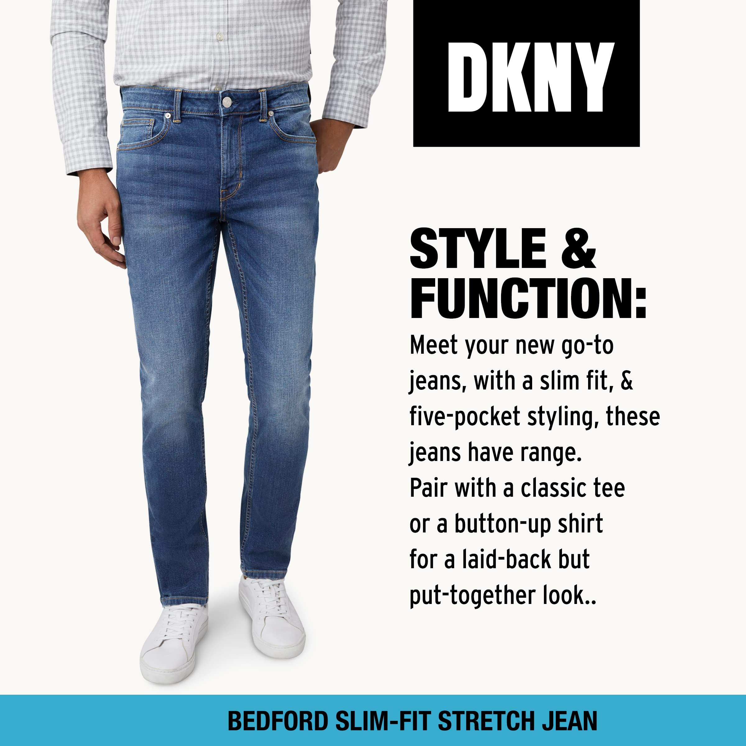 DKNY Men's Slim Fit Stretch Denim Jeans - Comfortable Bedford Style for Casual Wear & Everyday Outfits