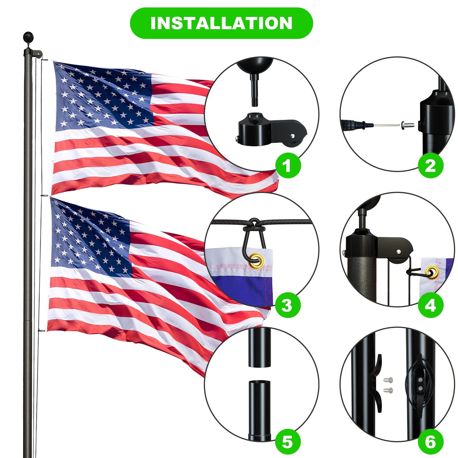 Heavy Duty 25 FT Flag Pole Kit - 13 Gauge Extra Thick Aluminum Flagpole with 3x5 Embroidered Stars American Flag for Outdoor In-Ground Installation, 80MPH Wind Resistant - Perfect for Residential Homes, Commercial Buildings, and Patriotic Events
