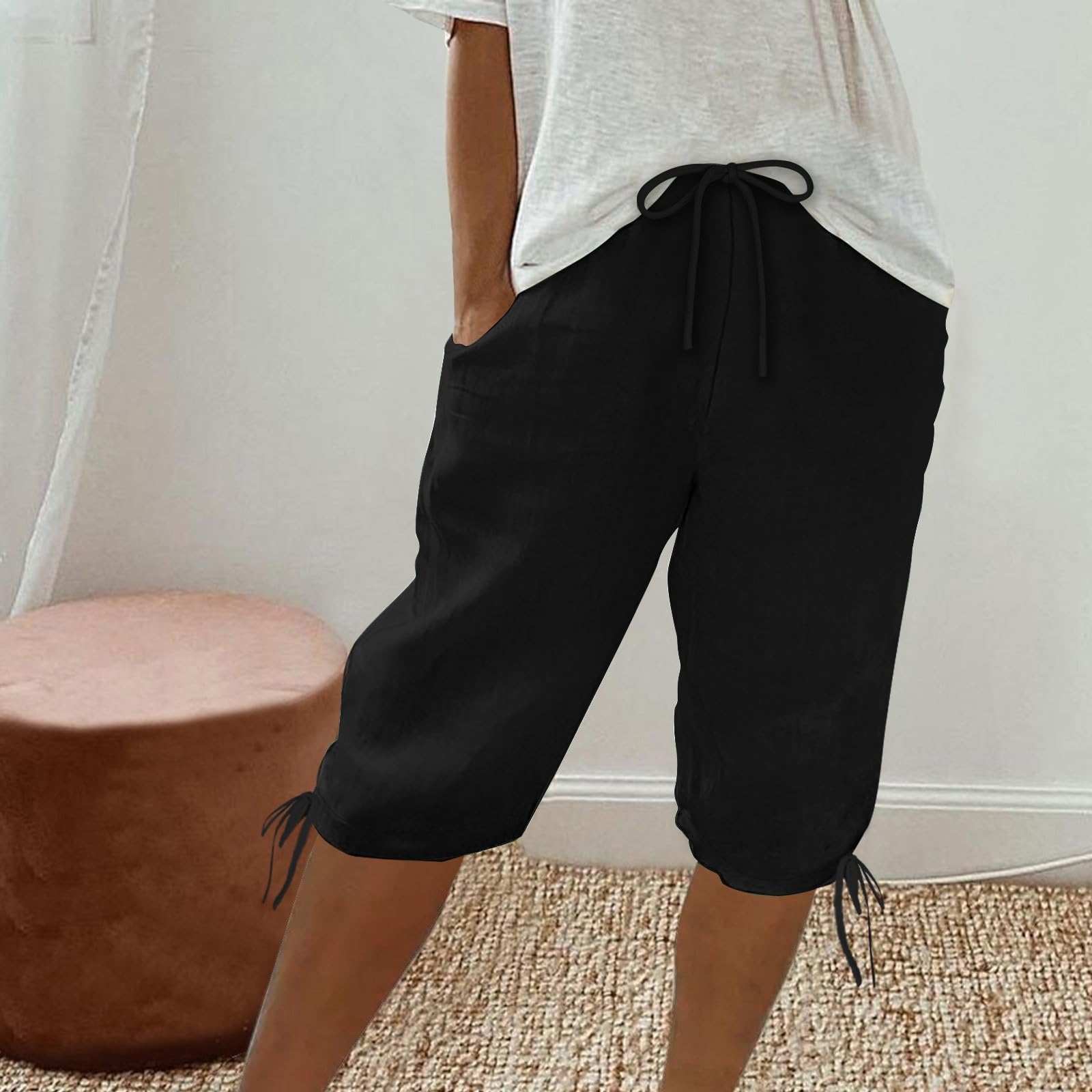 Women's Linen Shorts - Cotton Bermuda Drawstring Waist with Pockets for Summer Beach