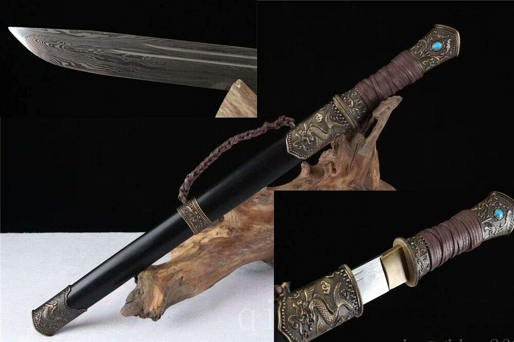Handmade Damascus Folded Steel Chinese Fish Dragon Tang Sword - Authentic Dragon & Fish Handle Design - Perfect for Martial Arts Training, Collecting, and Home Decor