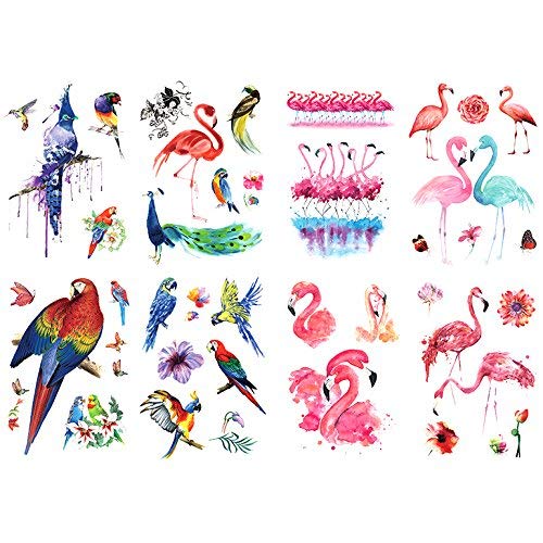 Waterproof Temporary Tattoo Stickers - 8 Sheets with Parrot, Peacock, Macaw, Flamingo & Flower Designs for Women | Arm & Leg Body Art | Perfect for Parties, Festivals & Summer Beach Looks