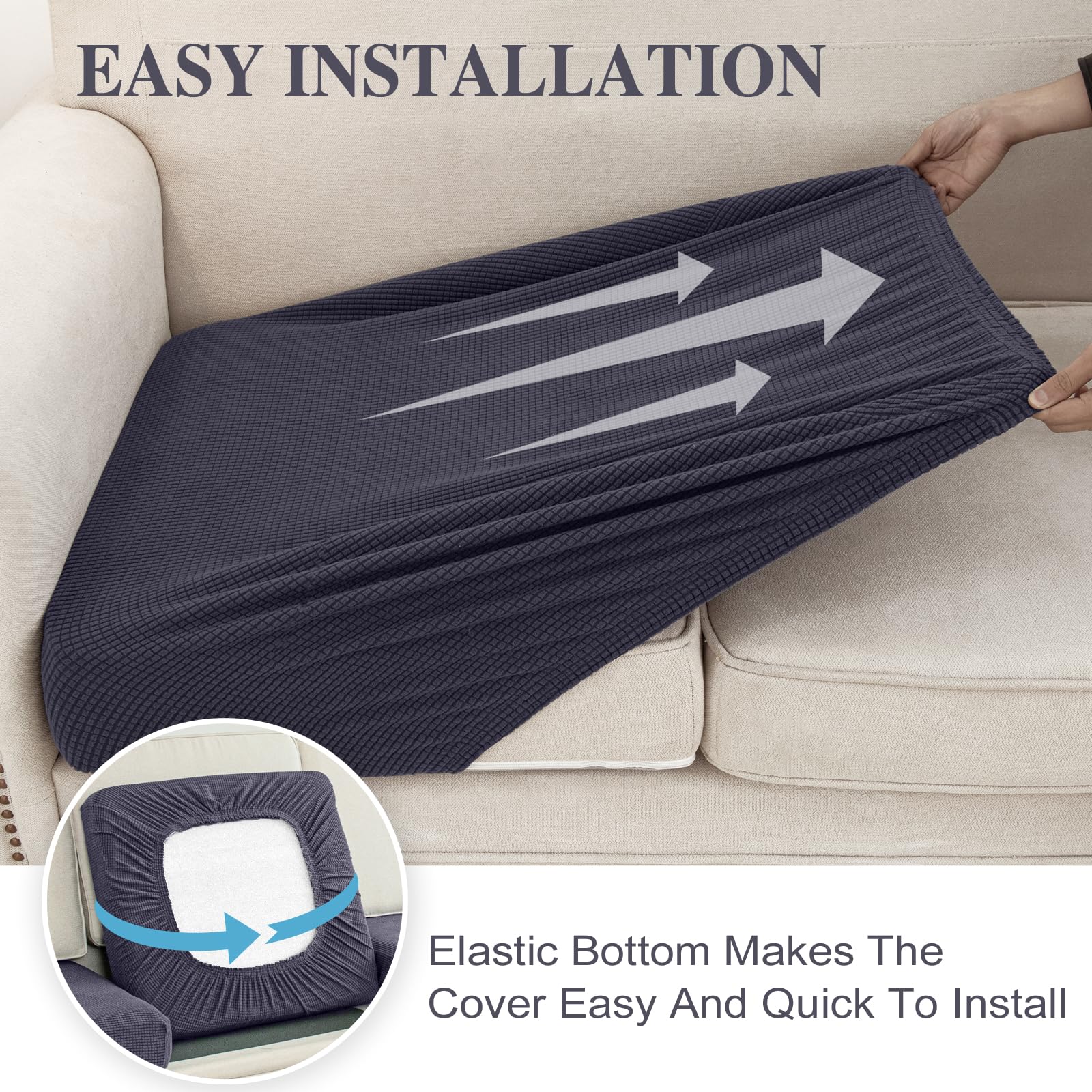 Stretch Sofa Slipcovers - 3-Piece Sectional Couch Cushion Covers with Elastic Edges, Dark Grey Furniture Protector for Living Room, Family Room & Home Decor
