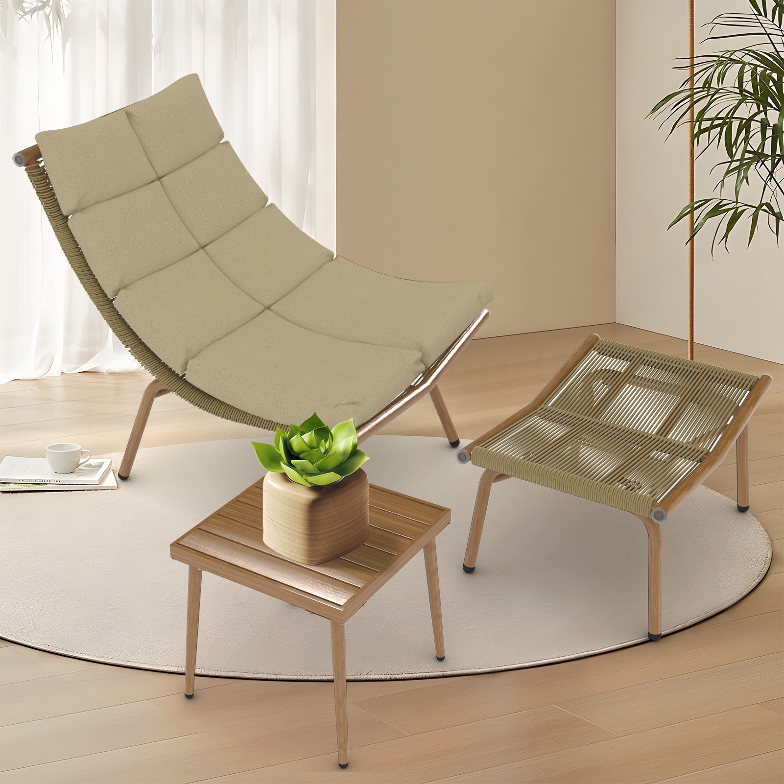 Wooden Chaise Lounge Chair with Side Table - Indoor & Outdoor Alloy Frame Recliner (380lbs Capacity) - Perfect for Camping, Gaming, Lunch Breaks, Garden Parties & Sunbathing