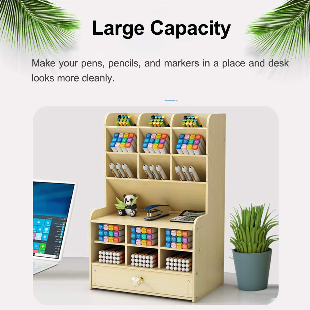 Large Capacity Wooden Desk Organizer with Drawer - DIY Pen Holder & Stationary Storage Box for Office, Home & School Supplies | Desktop Organizer for Pencils, Markers & Office Accessories (B16-White Maple) - Perfect for Workspace, Study Desk & Craft Room Organization