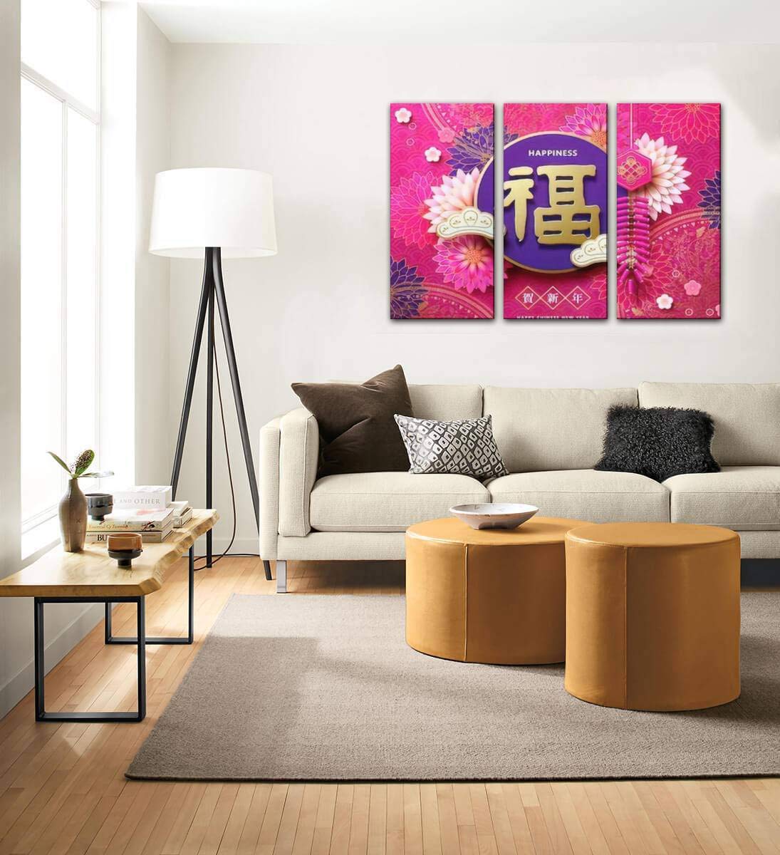 Blaverr Chinese New Year Canvas Wall Art - 3 Panels Fortune & Happiness Print with Chrysanthemum & Firecracker Designs | Modern Asian Home Decor for Living Room, Office & Festival Celebration