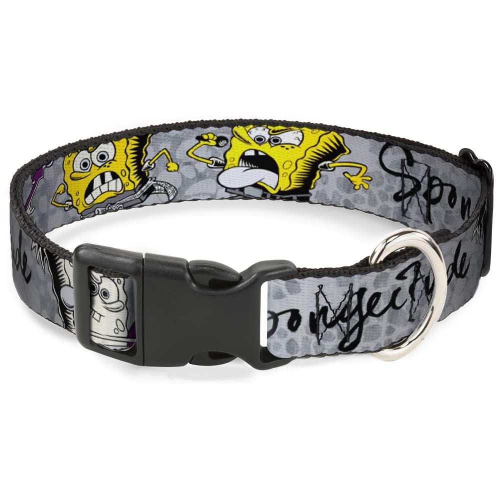 Spongebob Dog Collar with Plastic Clip - 3 Fun Poses (Grays & Black) Adjustable 9-15 Inches, 1.0 Inch Wide - Perfect for Cosplay, Pet Parties & Cartoon Lovers
